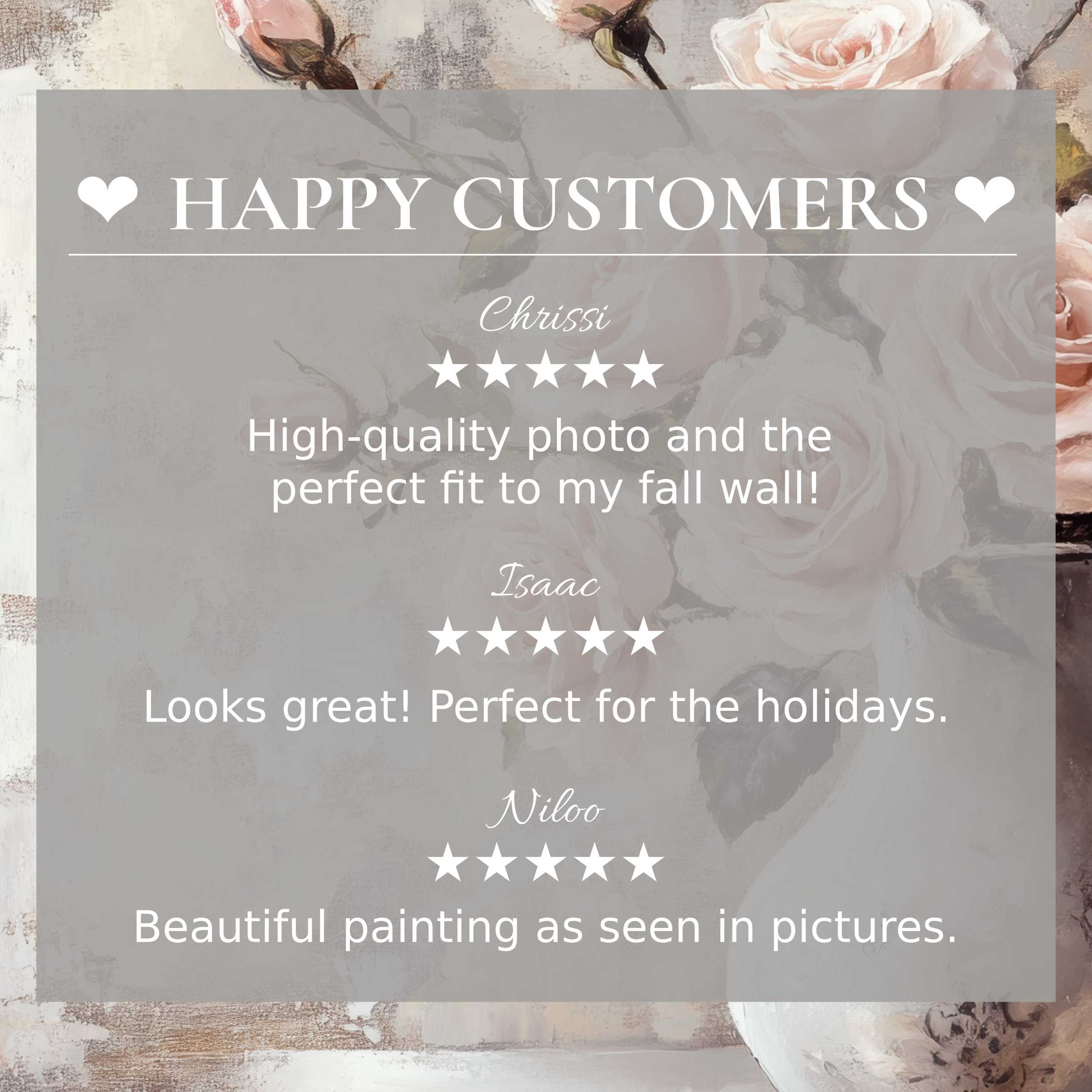 Floral art for Frame TV with abstract pastel roses, featuring happy customer reviews building trust and elegance