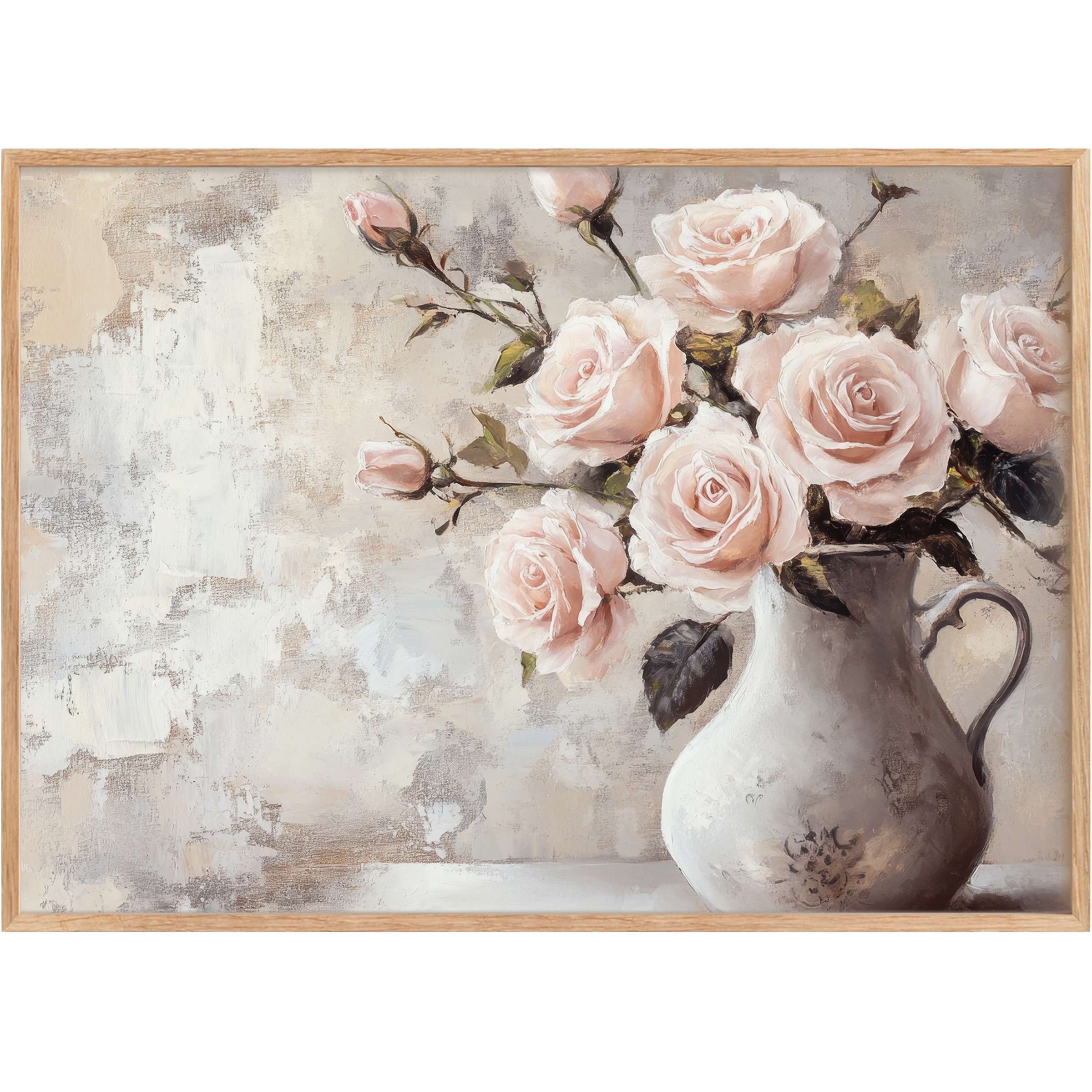 Soft blush roses in a vintage ceramic vase evoke a calming, timeless elegance in floral printable wall art
