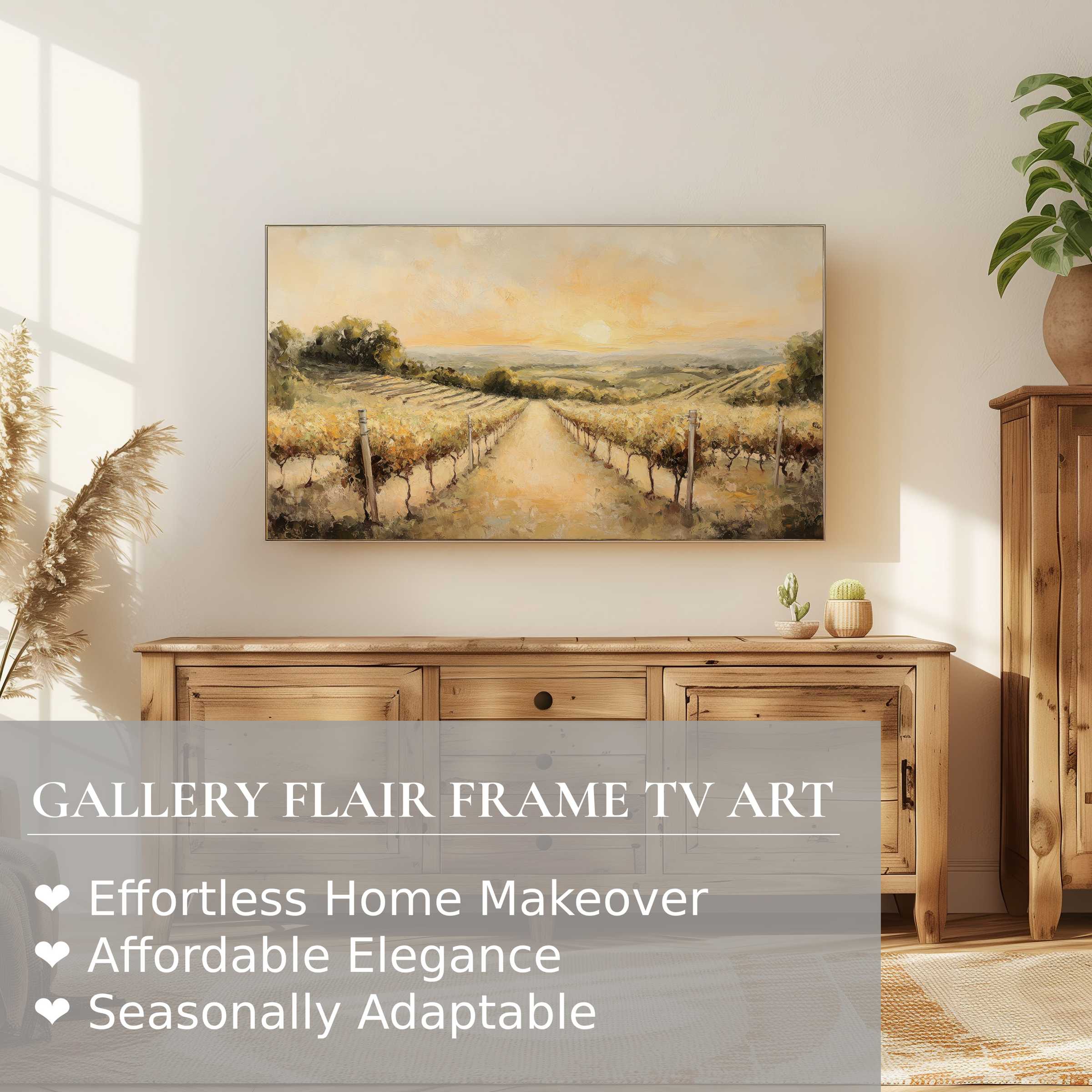 Elegant summer digital artwork of a vineyard at sunset on Samsung Frame TV in serene, refined home setting