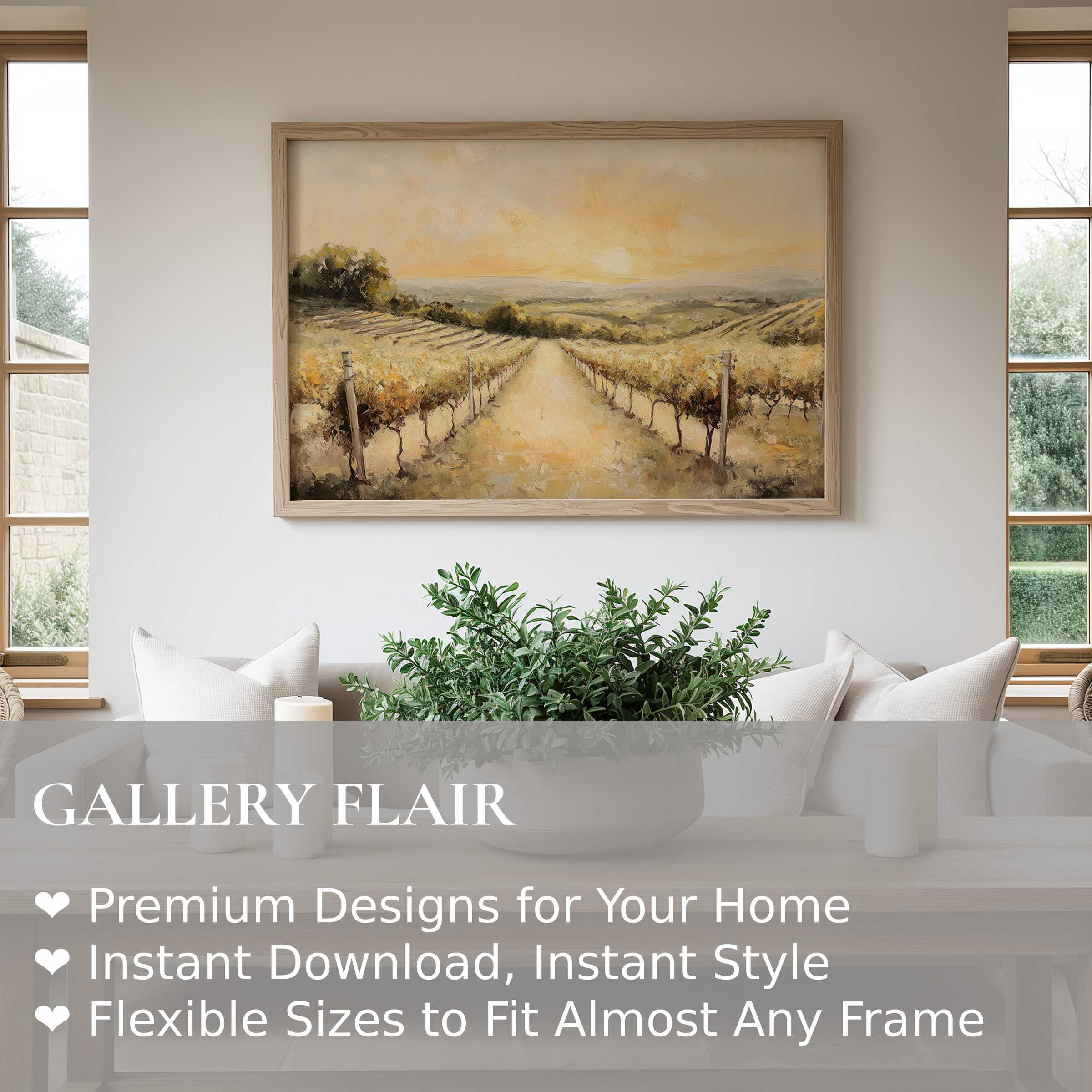 Summer wall art print of a radiant vineyard landscape at sunset, enhancing modern rustic interiors with warm, calming elegance
