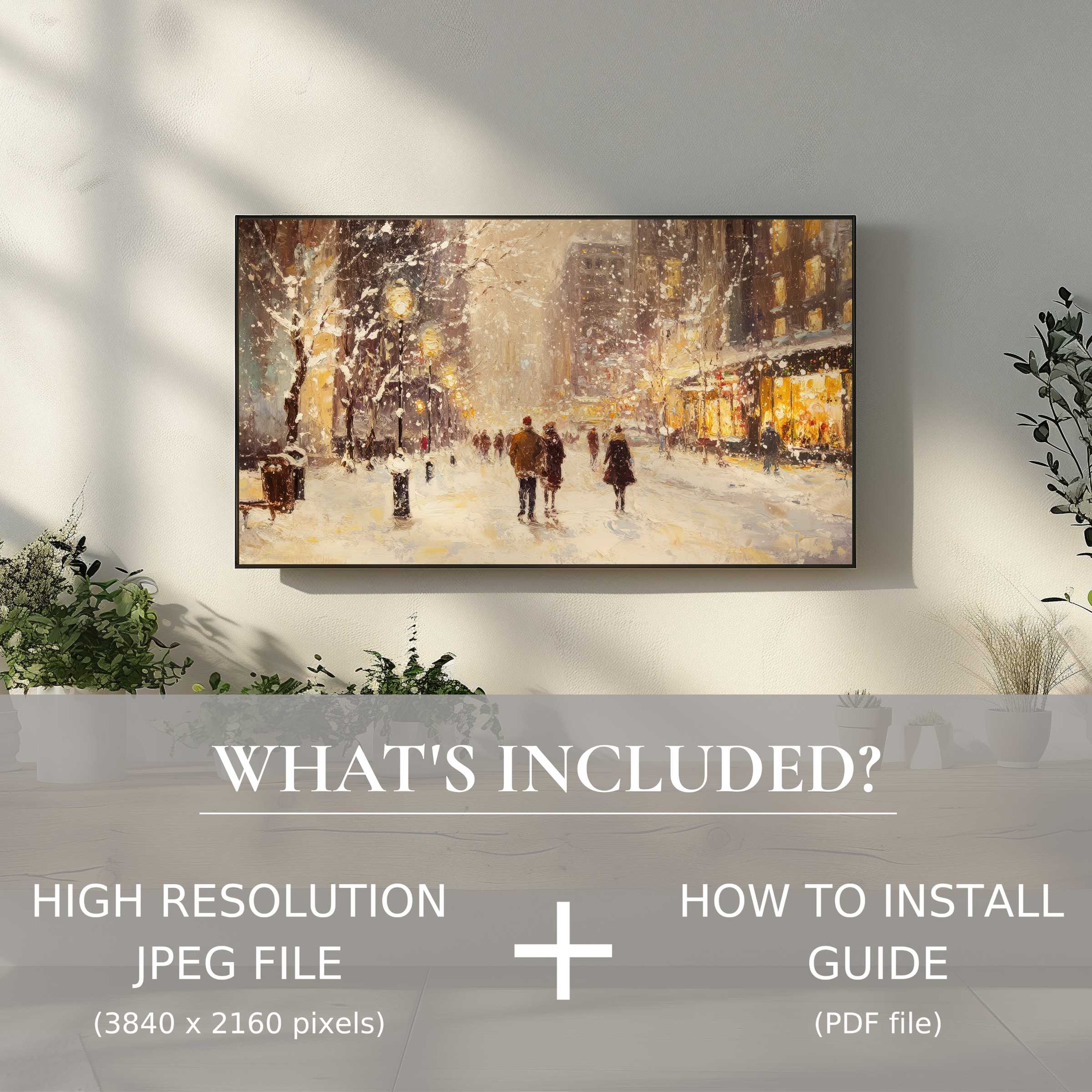 Elegant cityscape displayed as a christmas digital TV art download, enhancing modern living with easy digital use
