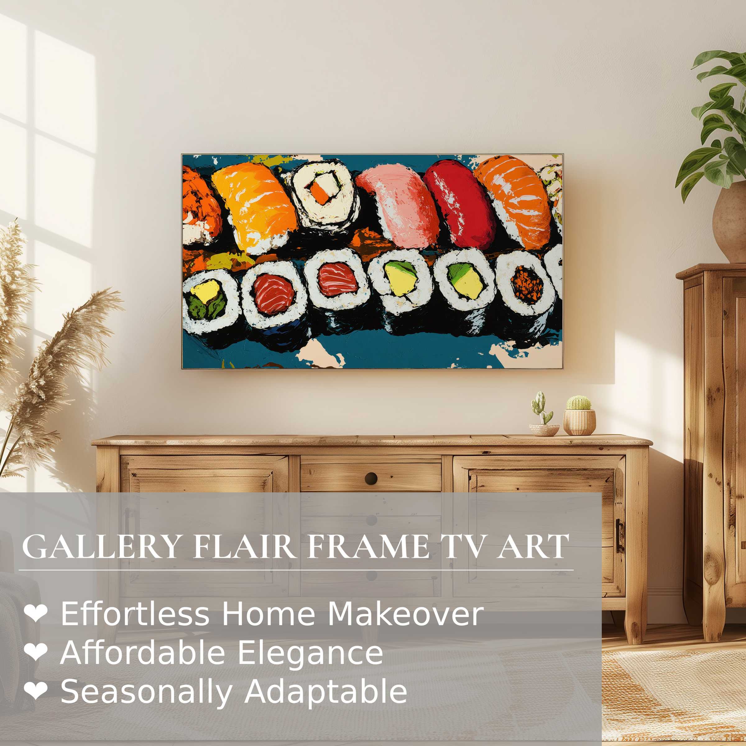 Modern living room with warm wood tones showcasing pop art digital artwork of sushi on Samsung Frame TV