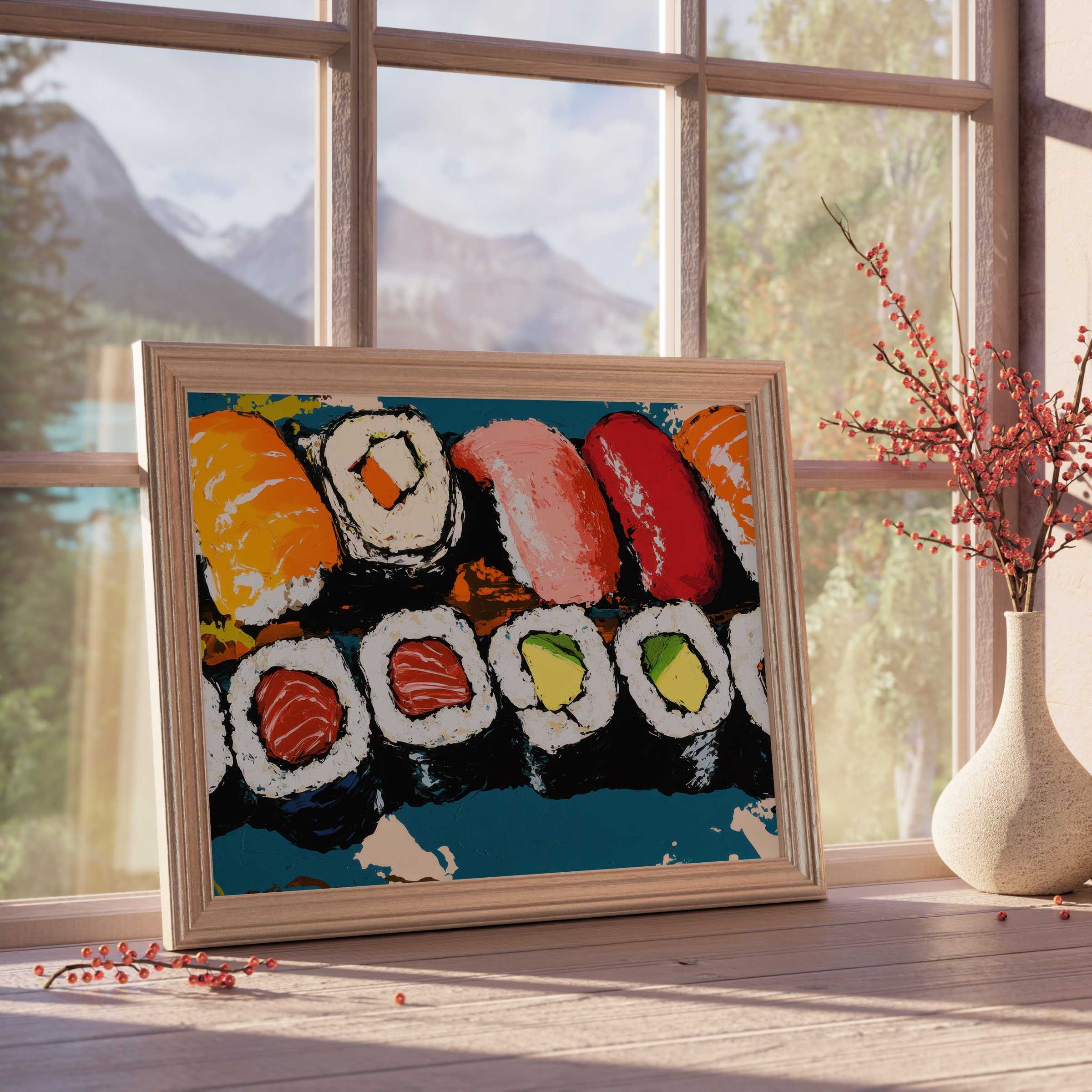 Vibrant pop art downloadable art of sushi rolls in bold hues, elevating serene, curated interiors with playful charm and gourmet flair