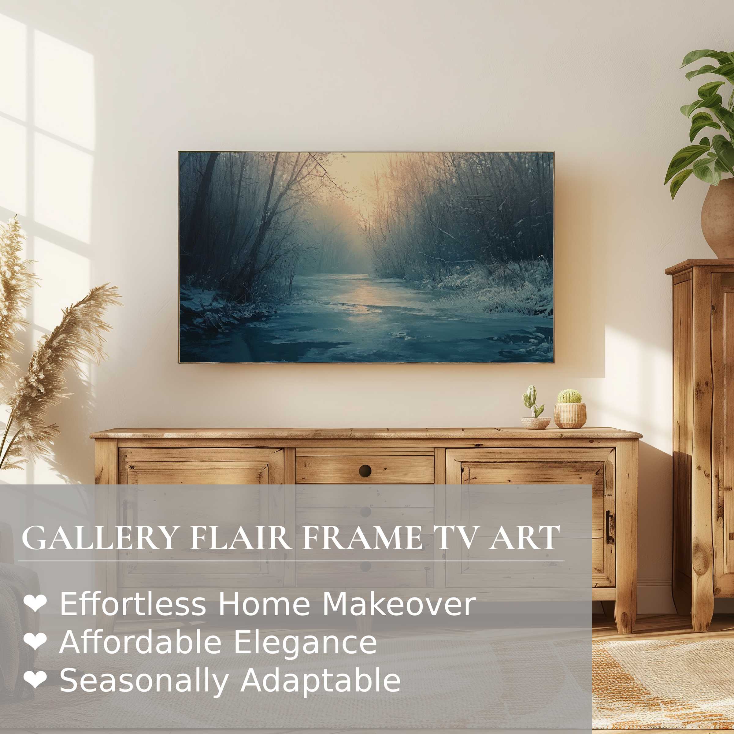 Samsung Frame TV displays serene winter digital artwork, blending modern elegance with cozy, natural home decor
