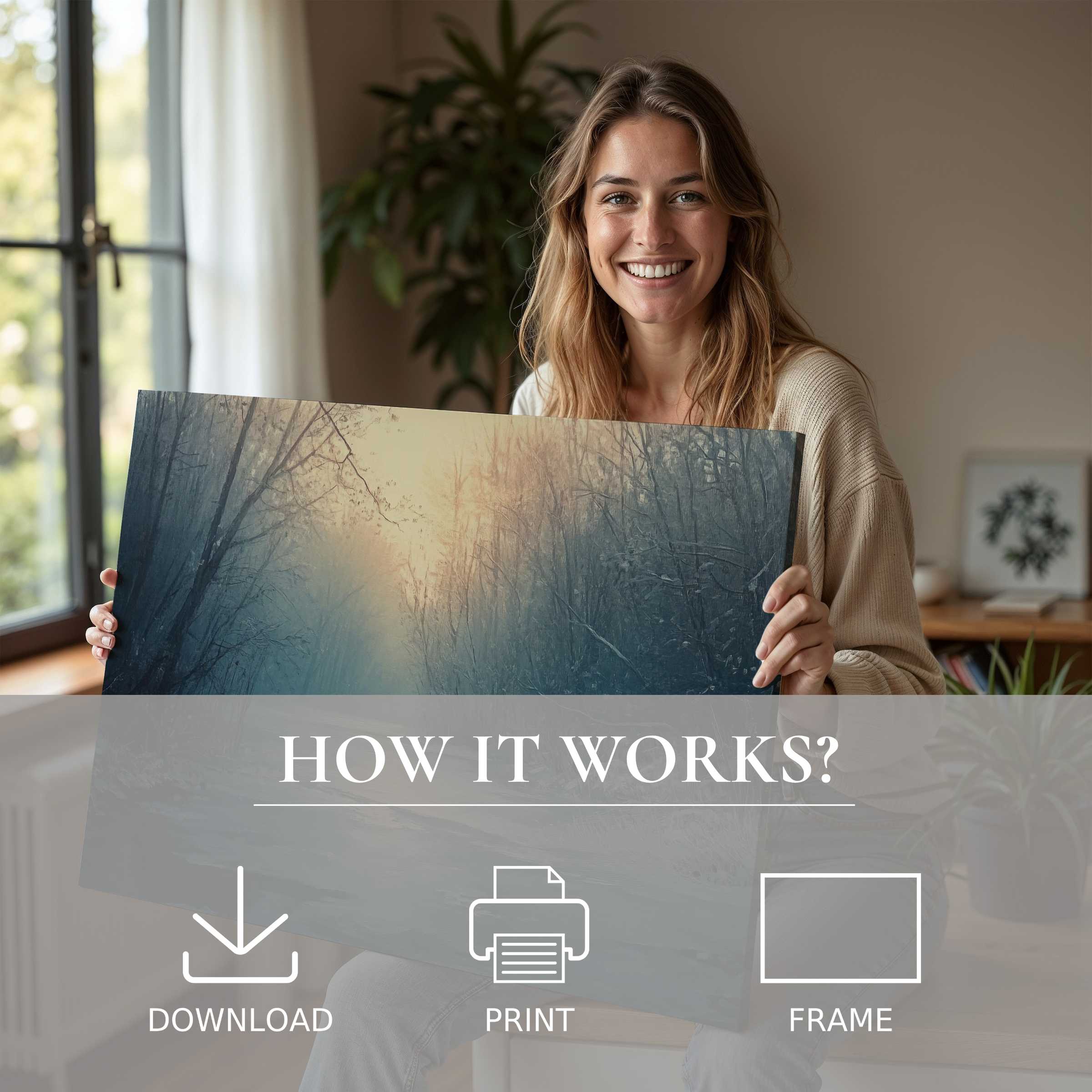 Elegant winter digital art print embraced in a modern home, capturing tranquil connection and the joy of effortless living with art