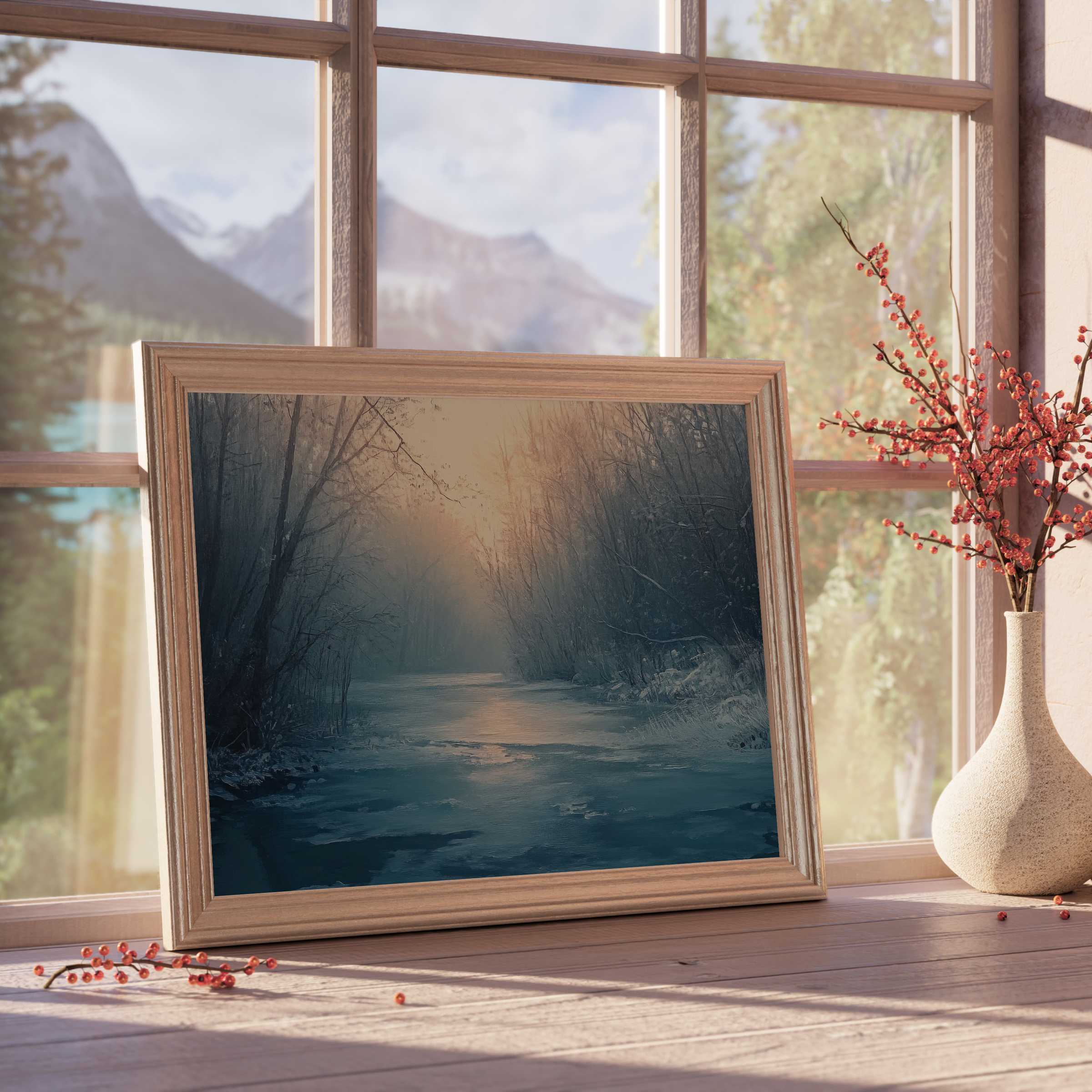Winter downloadable art capturing a tranquil, frost-kissed river at dusk, perfect for serene, curated modern interiors