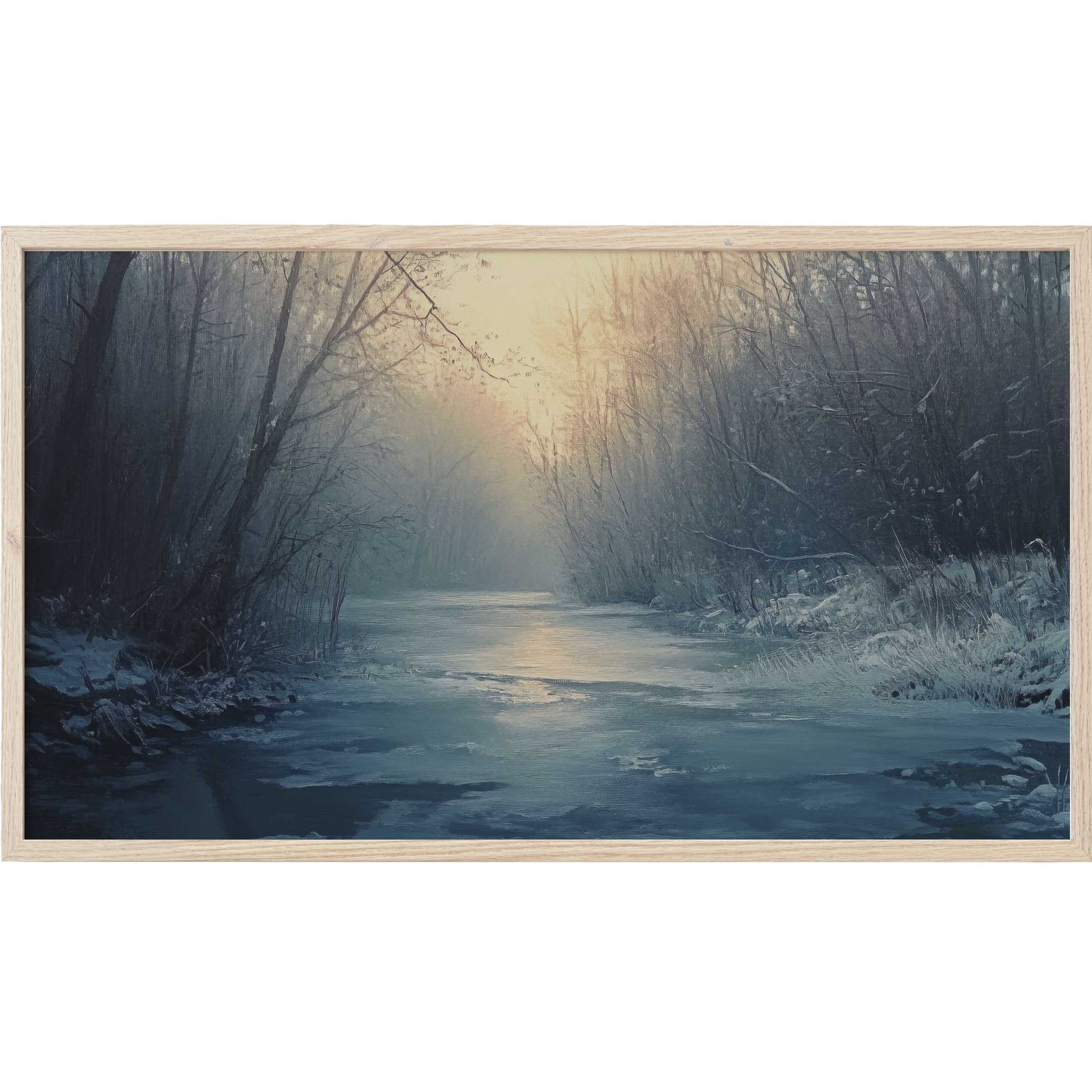 Winter Frame TV Art depicting a serene frozen river at dusk with muted blues and soft golden light