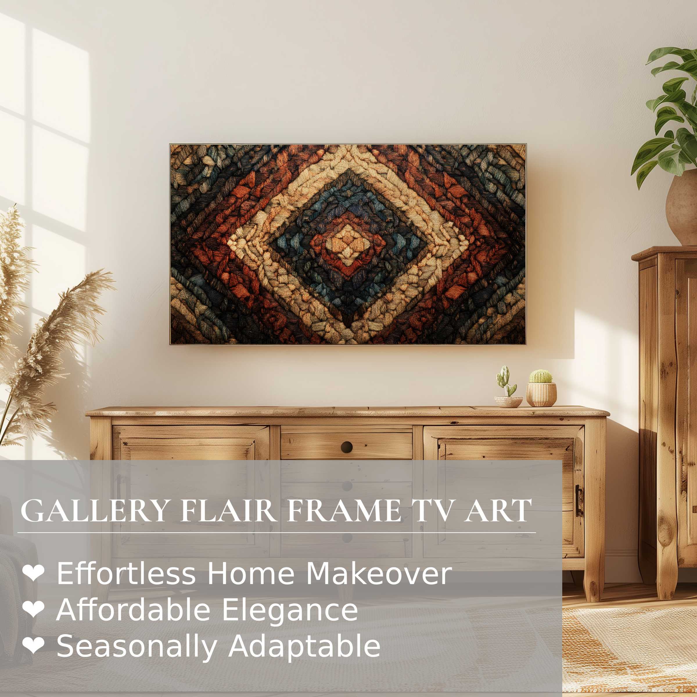 Samsung Frame TV displaying rich, textured boho digital artwork in a warm, elegant rustic living room setting