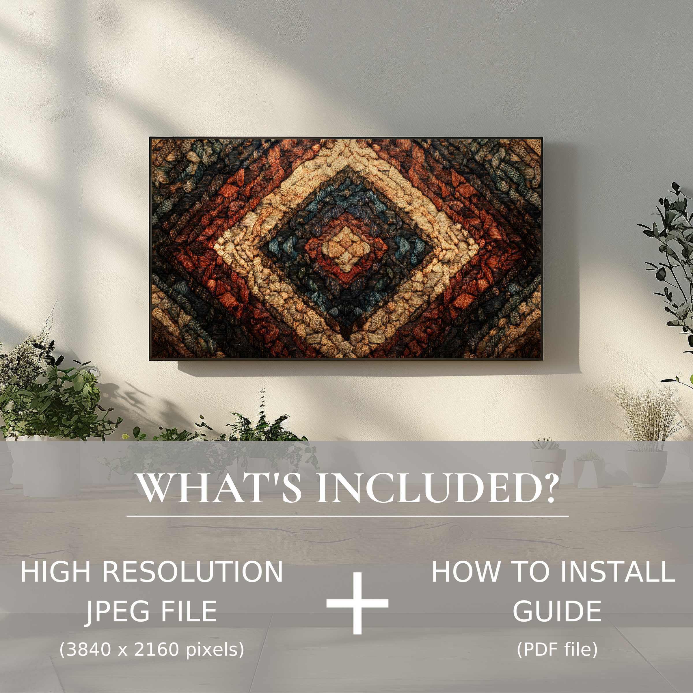 Elegant boho digital TV art download enhances decor, easy digital use adds warmth and texture to modern living spaces