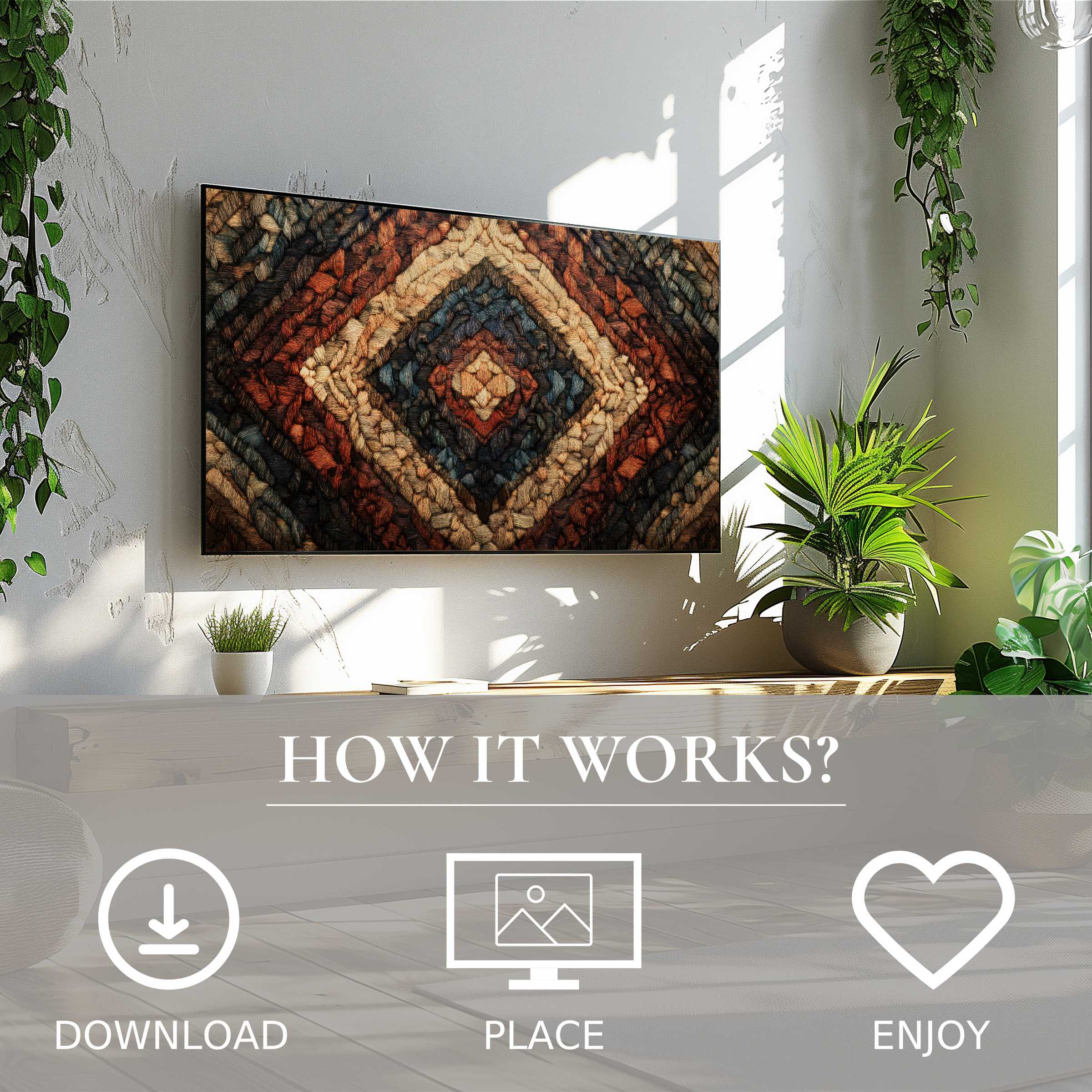 Boho art for Samsung TV with warm woven texture motif, simple digital download enriches modern living spaces