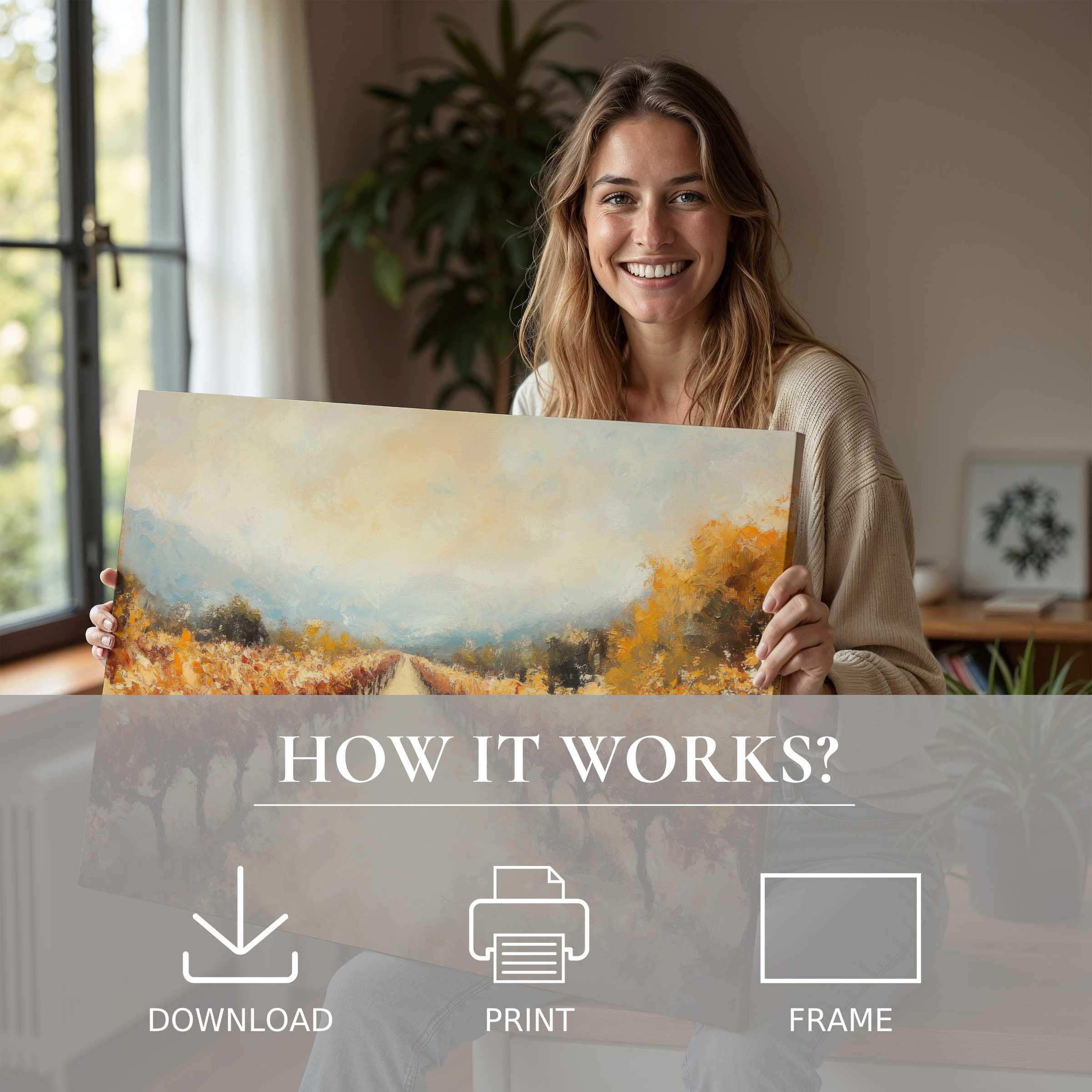 A radiant moment of serene joy in a stylish home, unveiling a fall digital art print that effortlessly transforms space with warm, autumnal hues