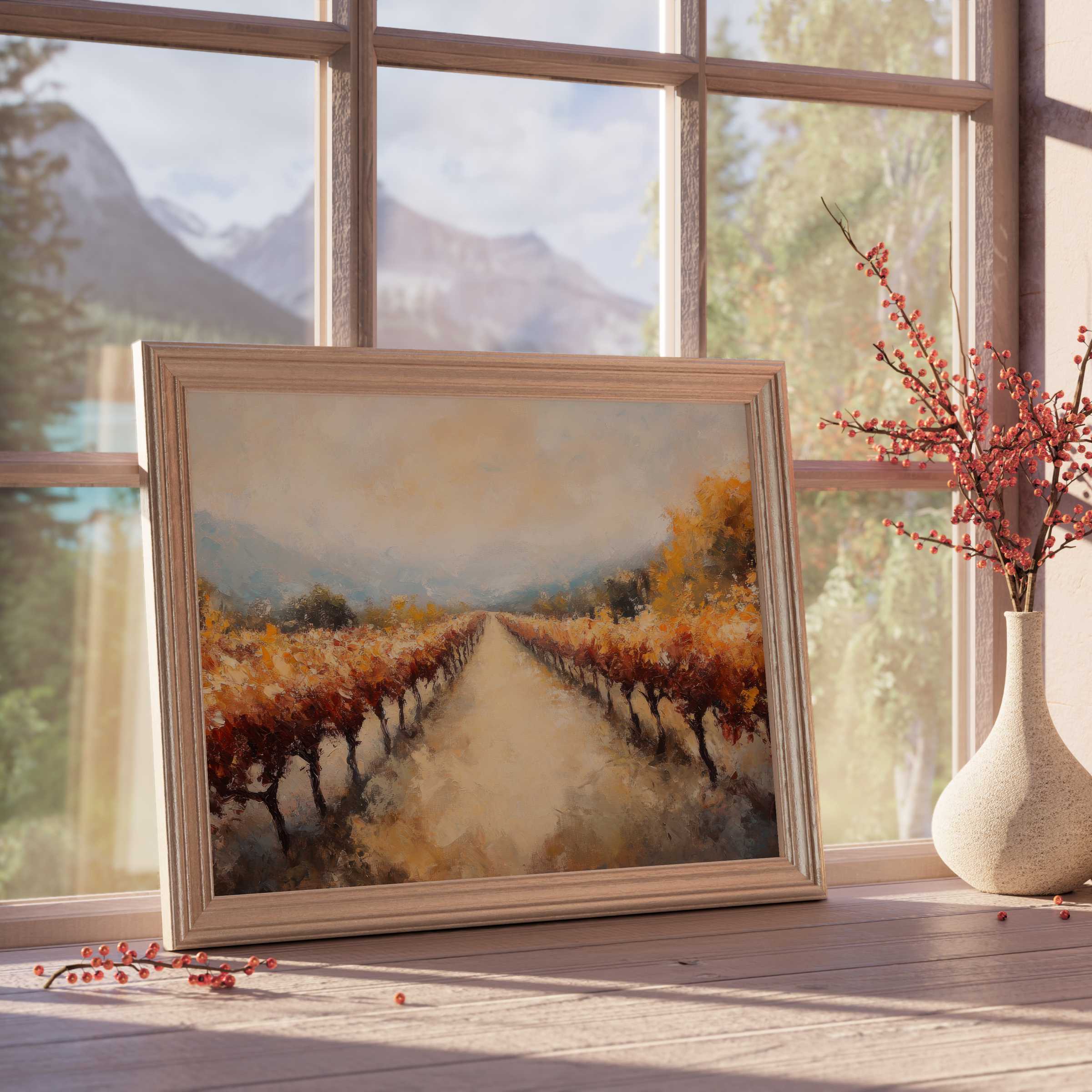 Fall downloadable art depicting a tranquil vineyard pathway in warm amber and burnt orange hues, perfect for curated, stylish interiors