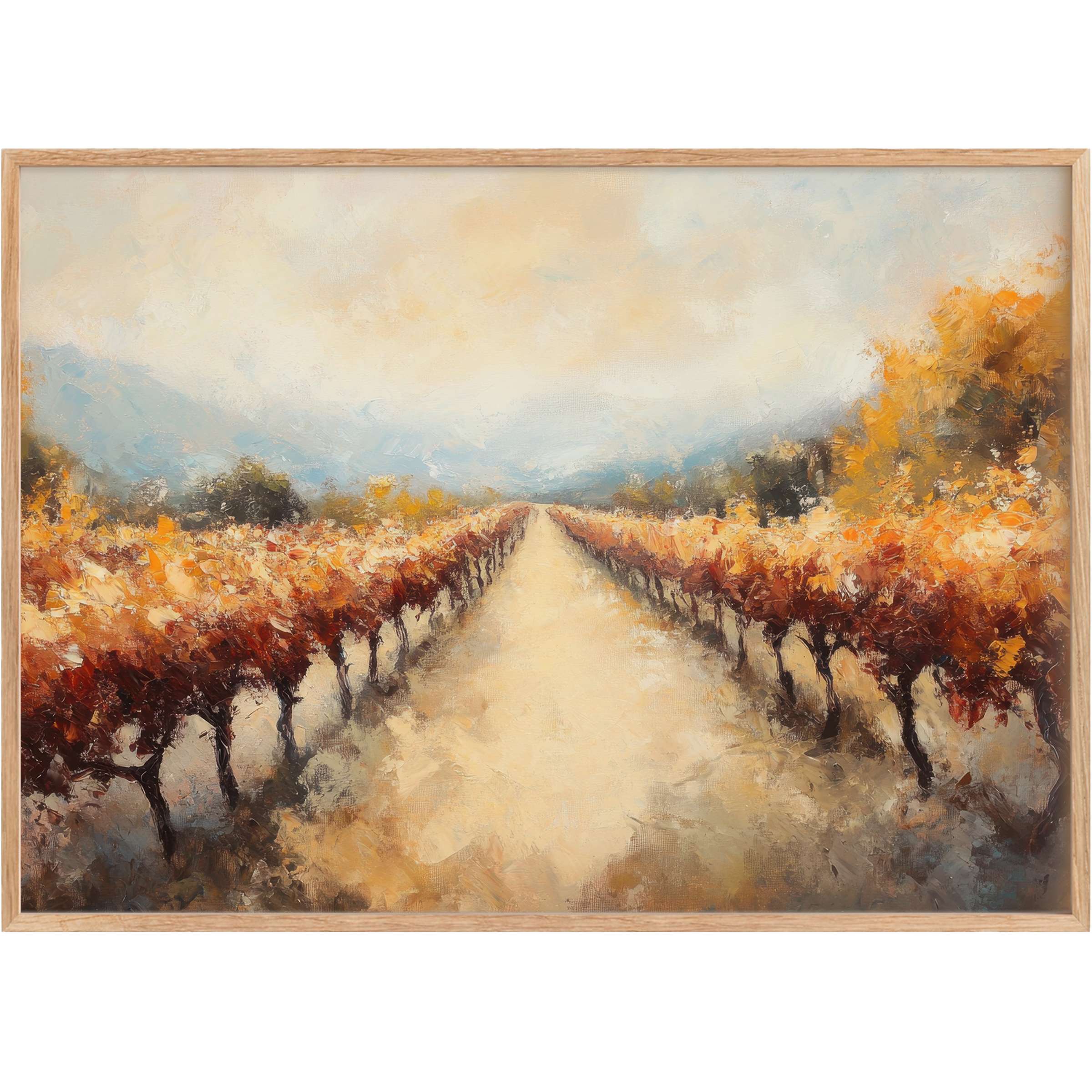 Serene vineyard vista with warm ochres and soft blues, evoking a radiant, inviting mood - perfect fall printable wall art