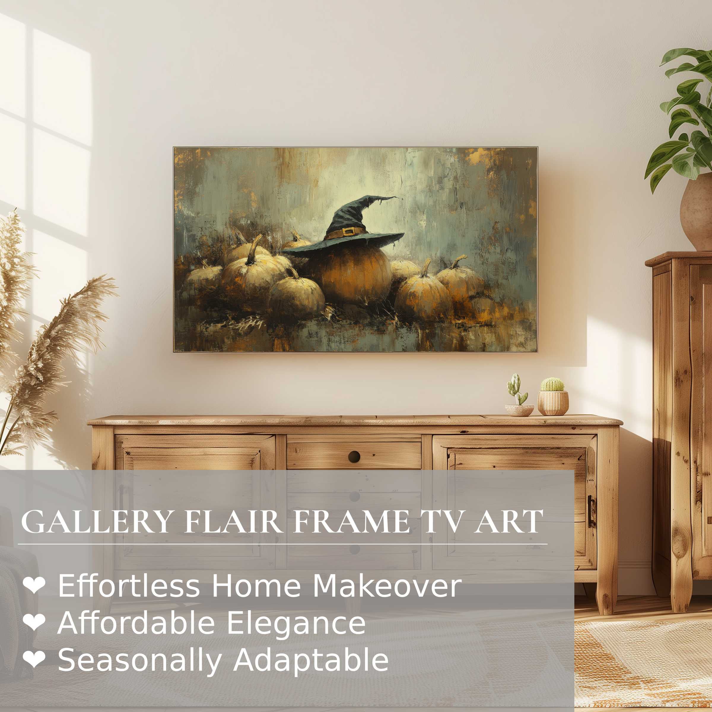 Refined halloween digital artwork of pumpkins on Samsung Frame TV in a warm, modern home setting with natural light