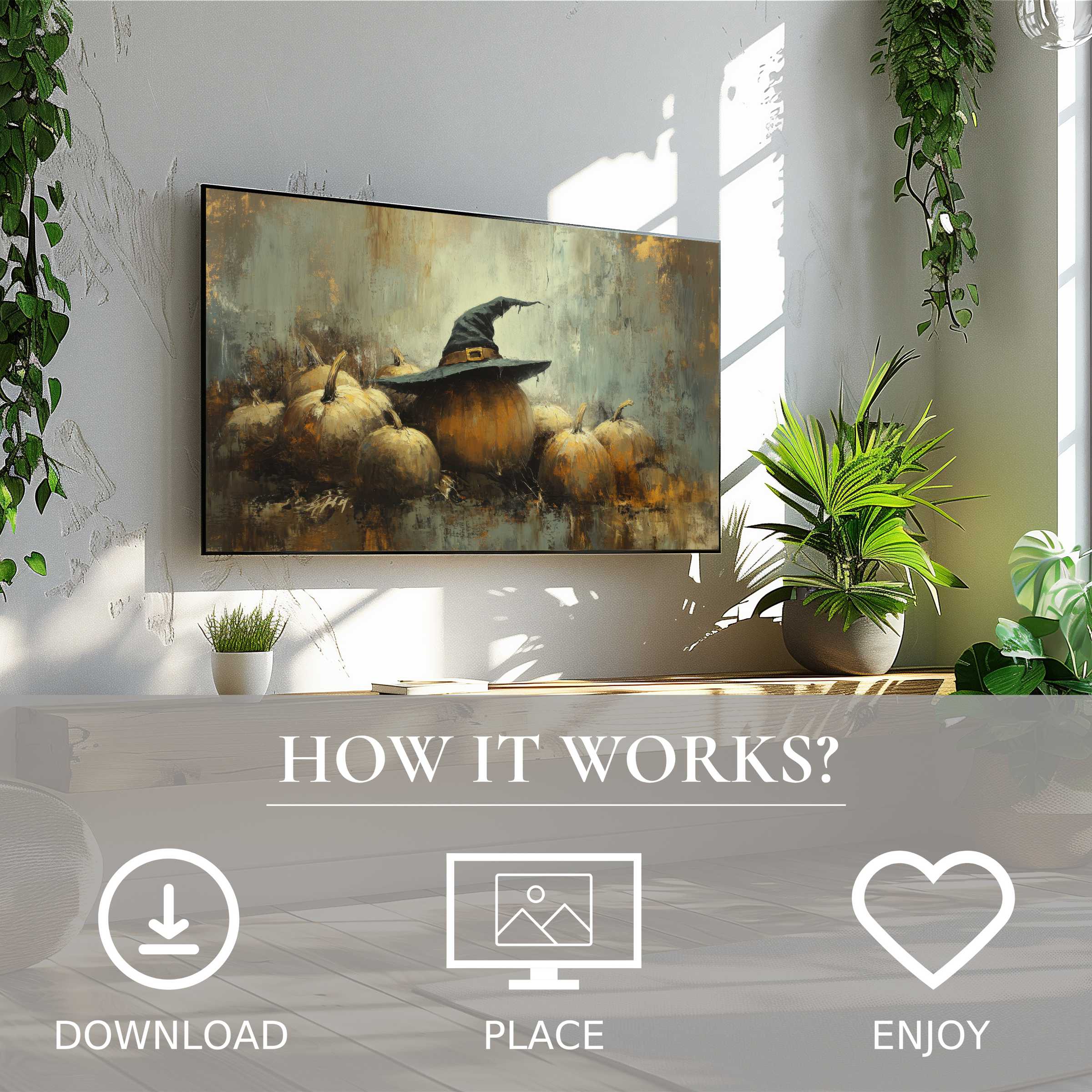 Modern living room with easy digital download; halloween art for Samsung TV shows rustic pumpkins with a witch hat motif