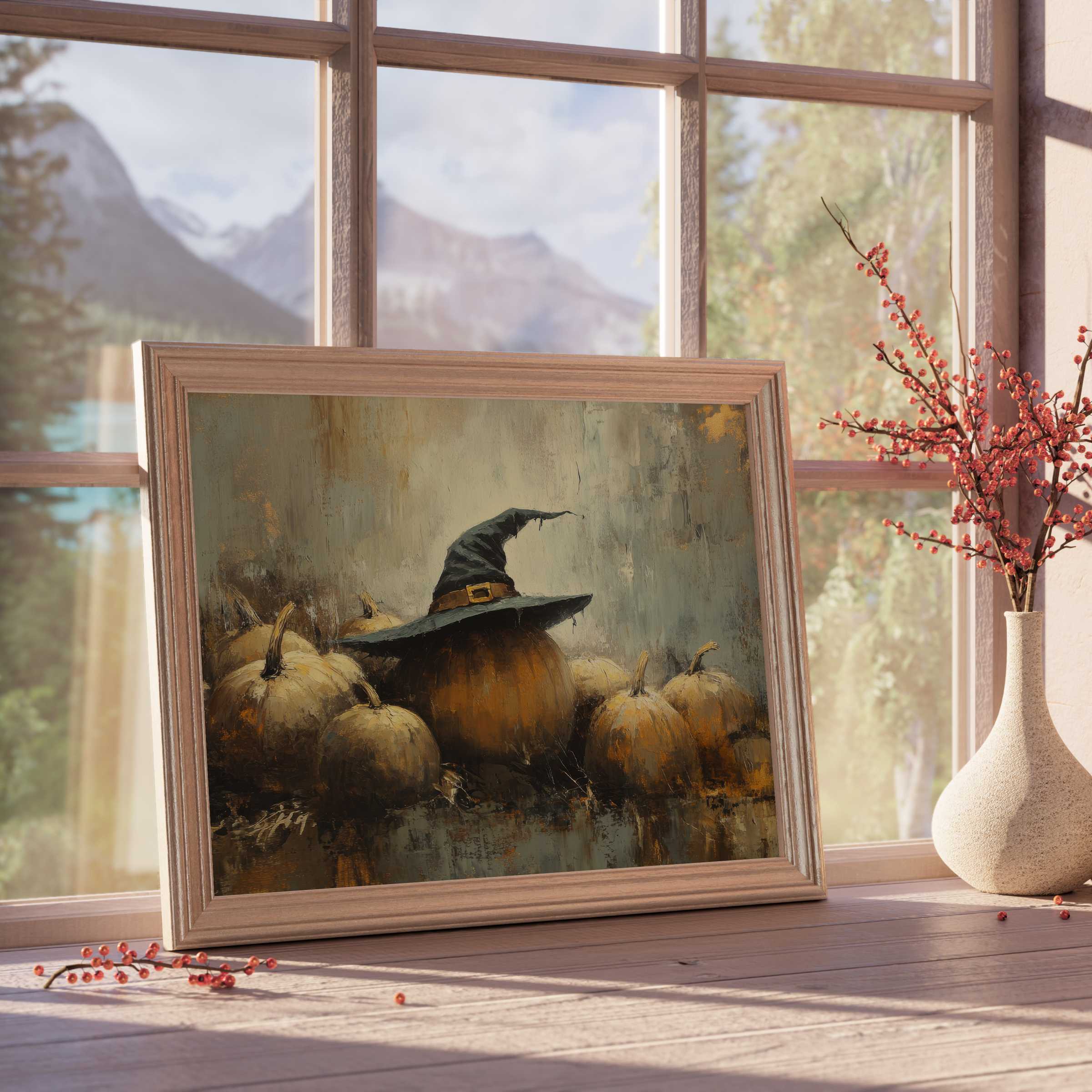 Halloween downloadable art evokes moody autumn charm, featuring textured pumpkins and a whimsical witch hat, enhancing curated, tranquil interiors with seasonal elegance