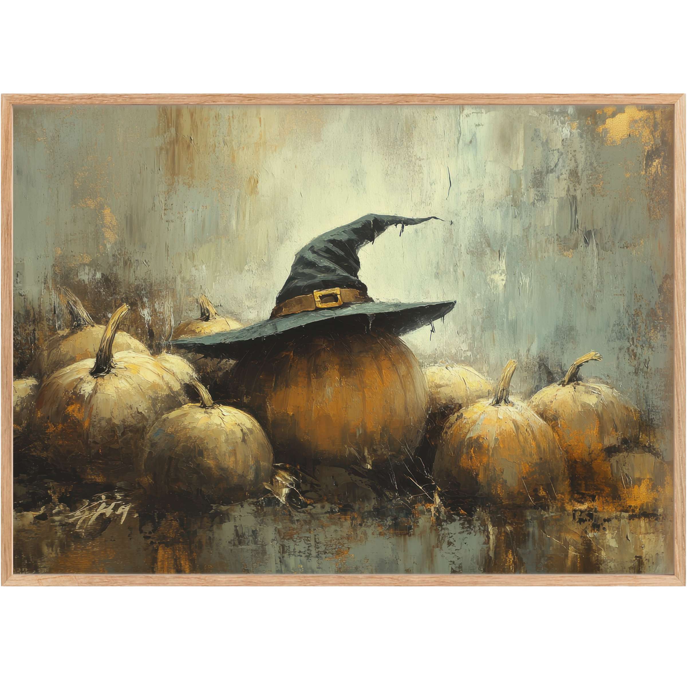 Moody halloween printable wall art featuring textured pumpkins in muted gold and slate, crowned with a whimsical witch hat