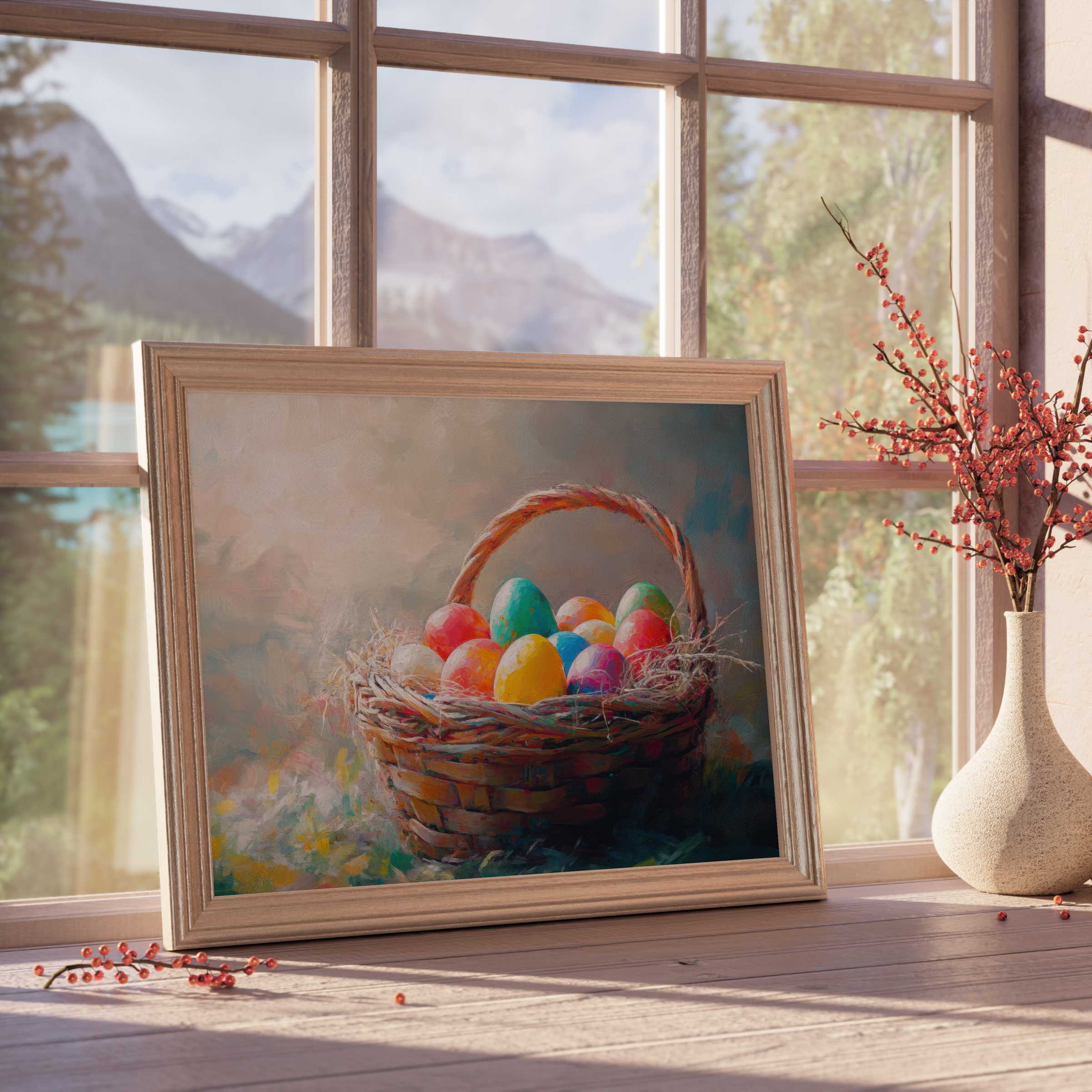 Easter downloadable art featuring a vibrant basket of colorful eggs, perfect for serene, curated, design-forward spaces
