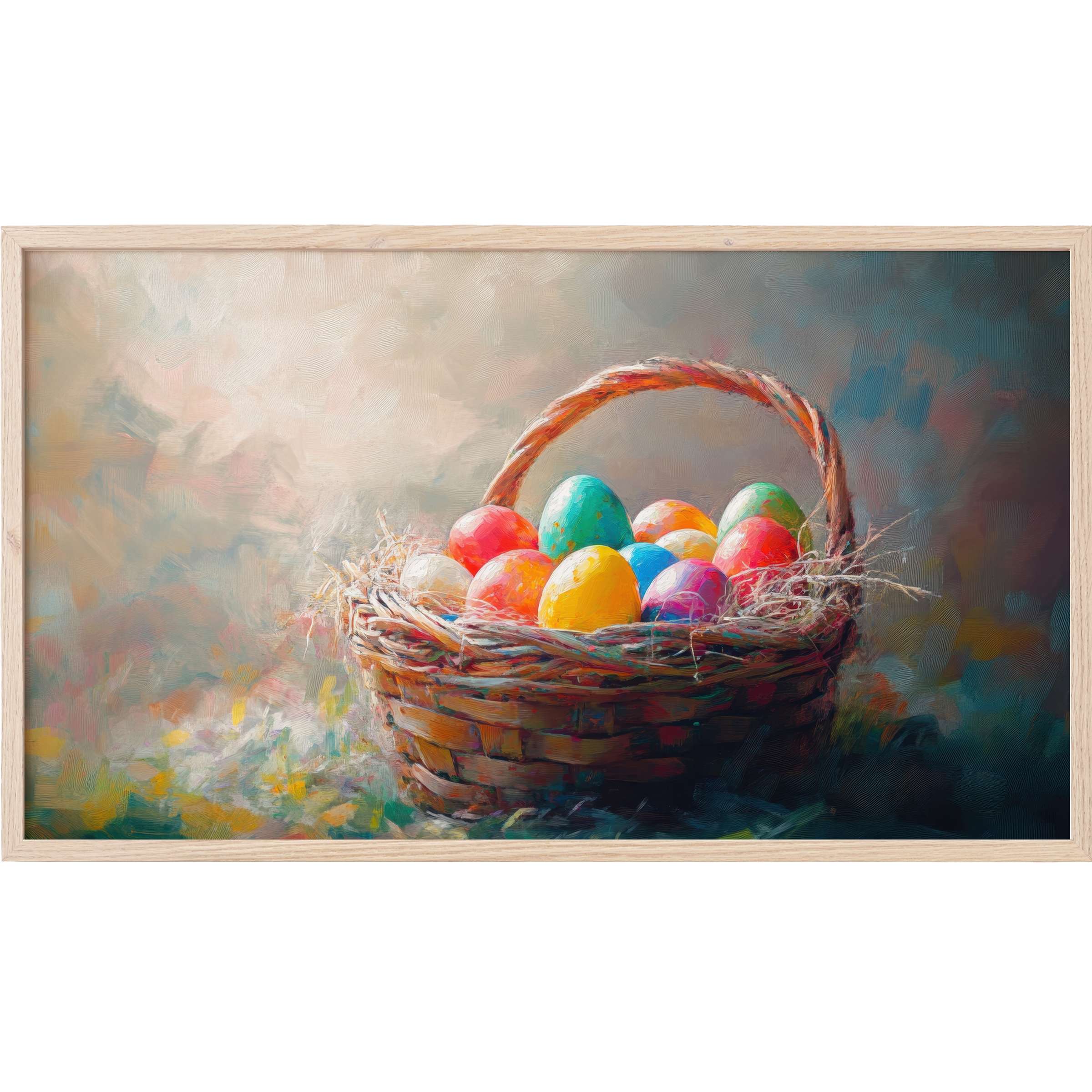 Colorful Easter eggs in a rustic woven basket with soft, painterly pastels and rich textures, easter Frame TV Art