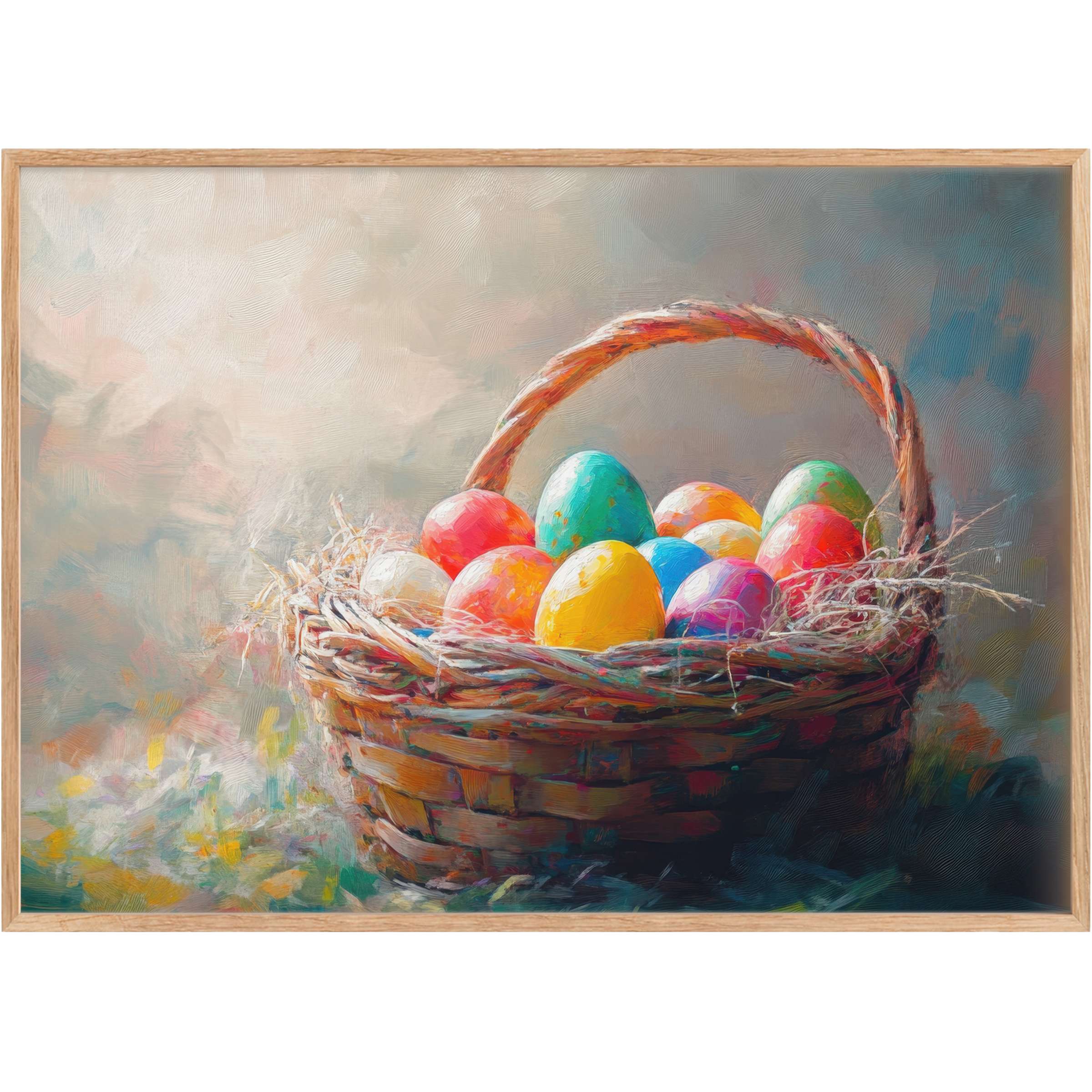 Radiant easter printable wall art featuring a vibrant basket of colorful eggs, evoking warmth with soft pastels and earthy tones