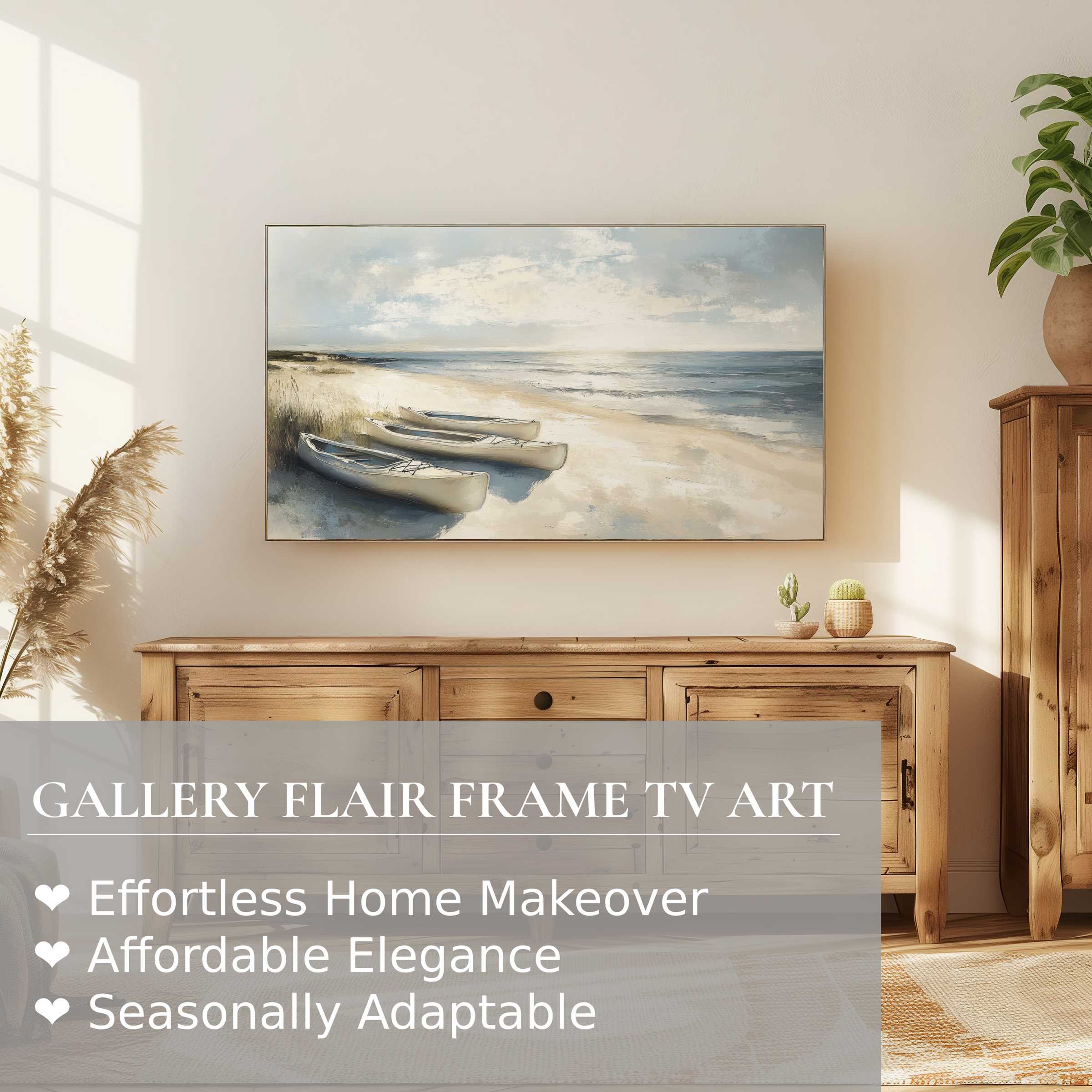 Samsung Frame TV showcasing serene beach digital artwork in a modern, natural wood-furnished living space
