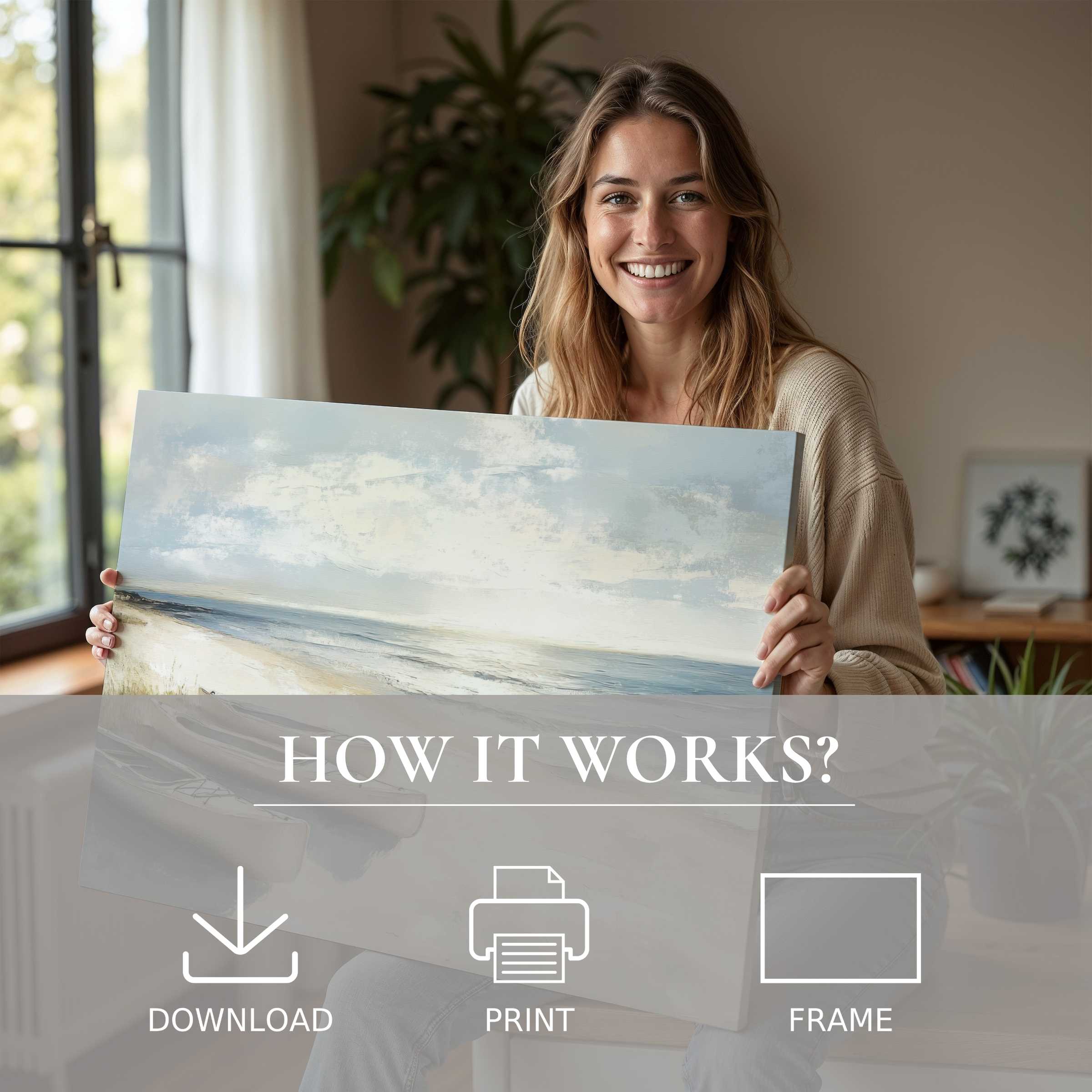 Elegant beach digital art print embracing serene coastal hues, redefining modern living with effortless beauty and joy