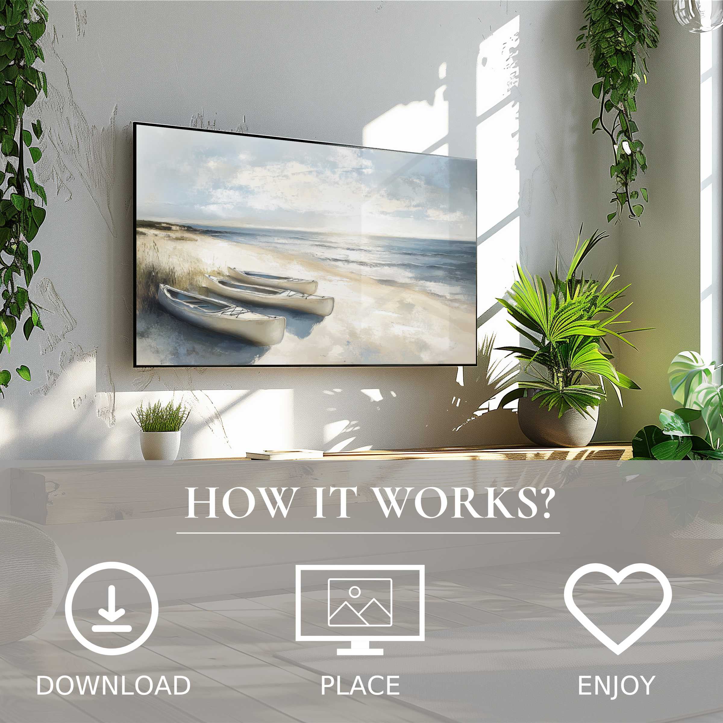 Modern living room with easy digital download; beach art for Samsung TV shows soft coastal tones enriching space