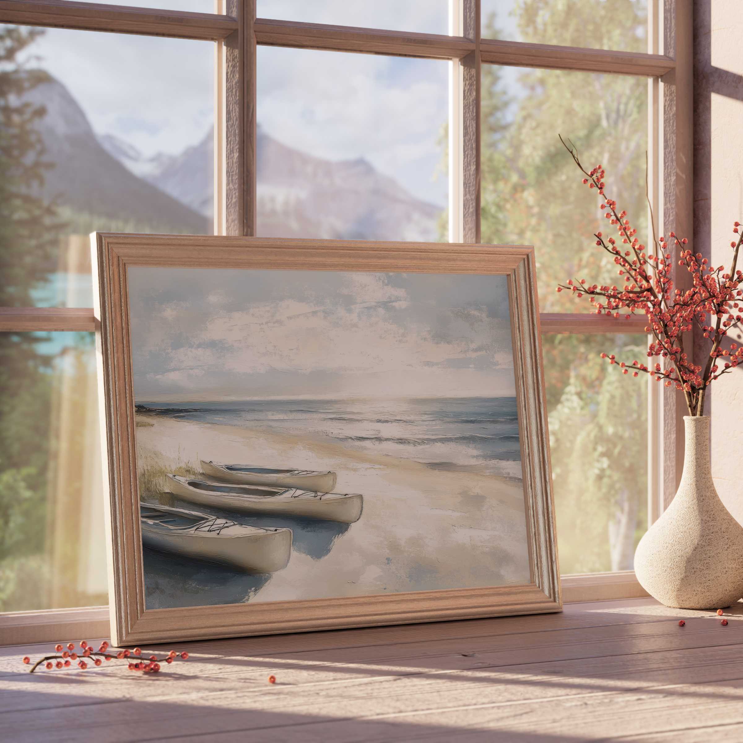 Serene beach downloadable art with moody canoes and soft waves, elevating tranquil, curated interiors with coastal calm