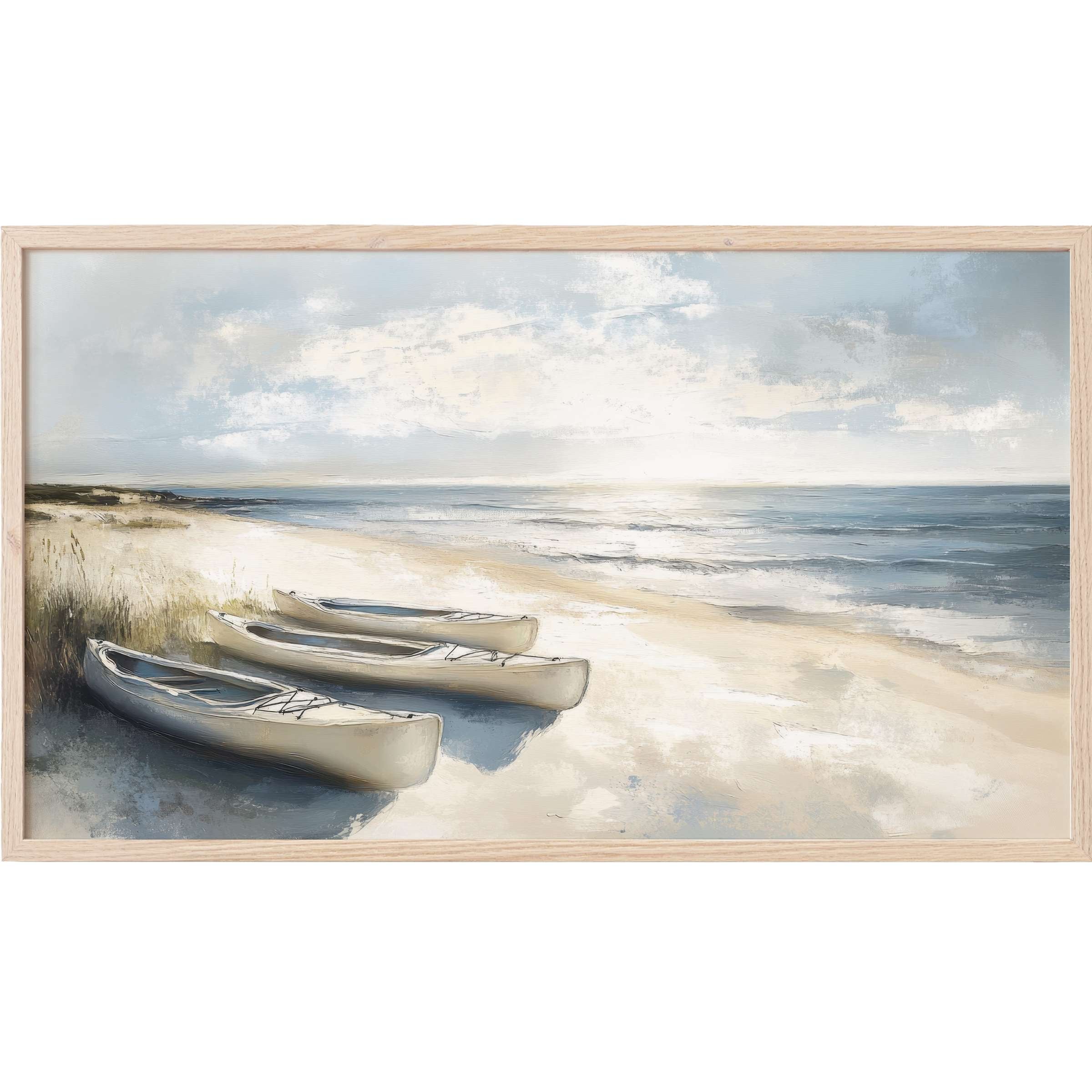 Serene coastal scene with canoes on sandy shore, soft blues and neutrals in elegant beach Frame TV Art