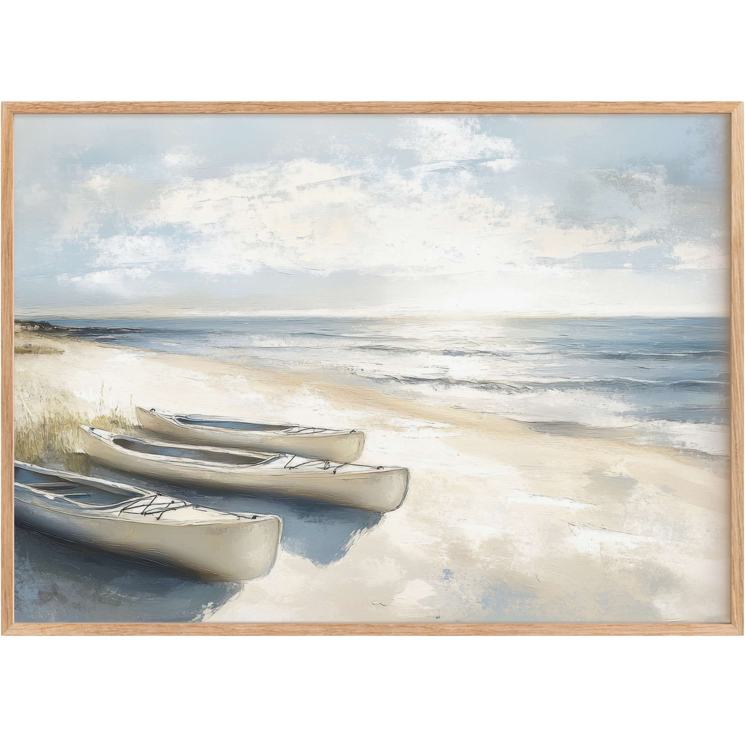 Serene beach printable wall art featuring soft blues and sandy neutrals, evoking tranquil mornings and effortless coastal elegance