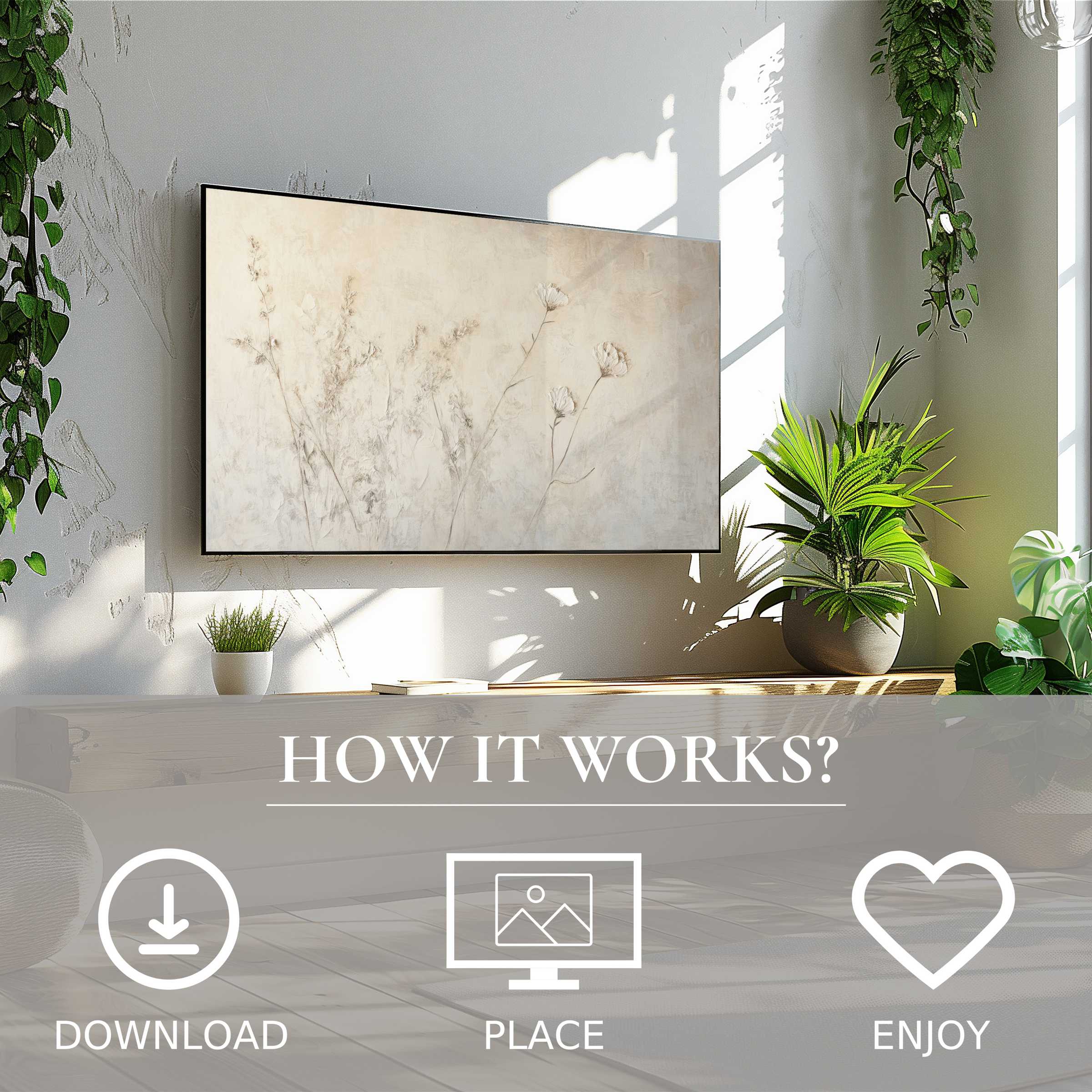 Botanical art for Samsung TV with soft sunset tones, digital download, effortlessly enriches modern living spaces