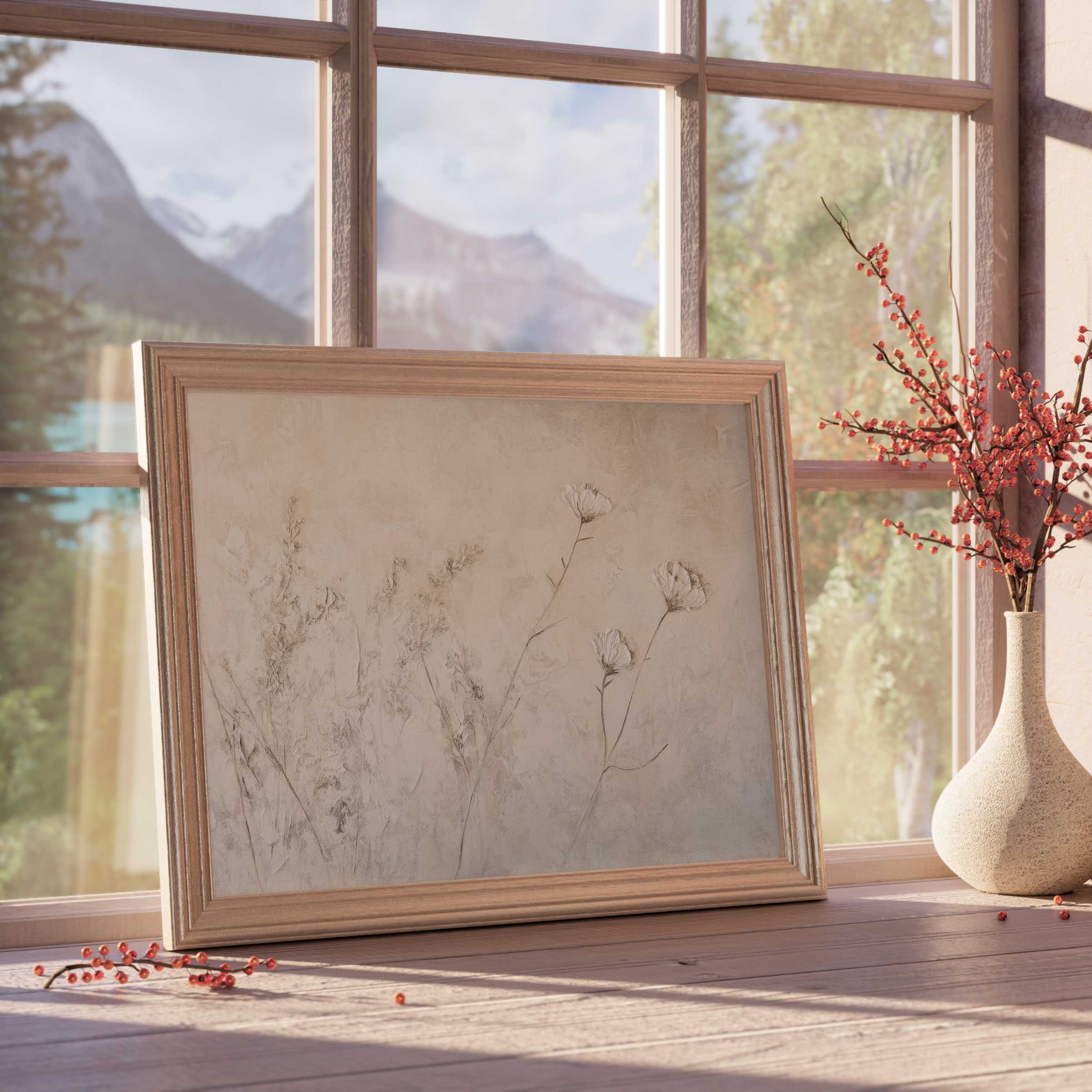 Botanical downloadable art with delicate wildflowers in soft neutrals, elevating serene, nature-inspired interiors