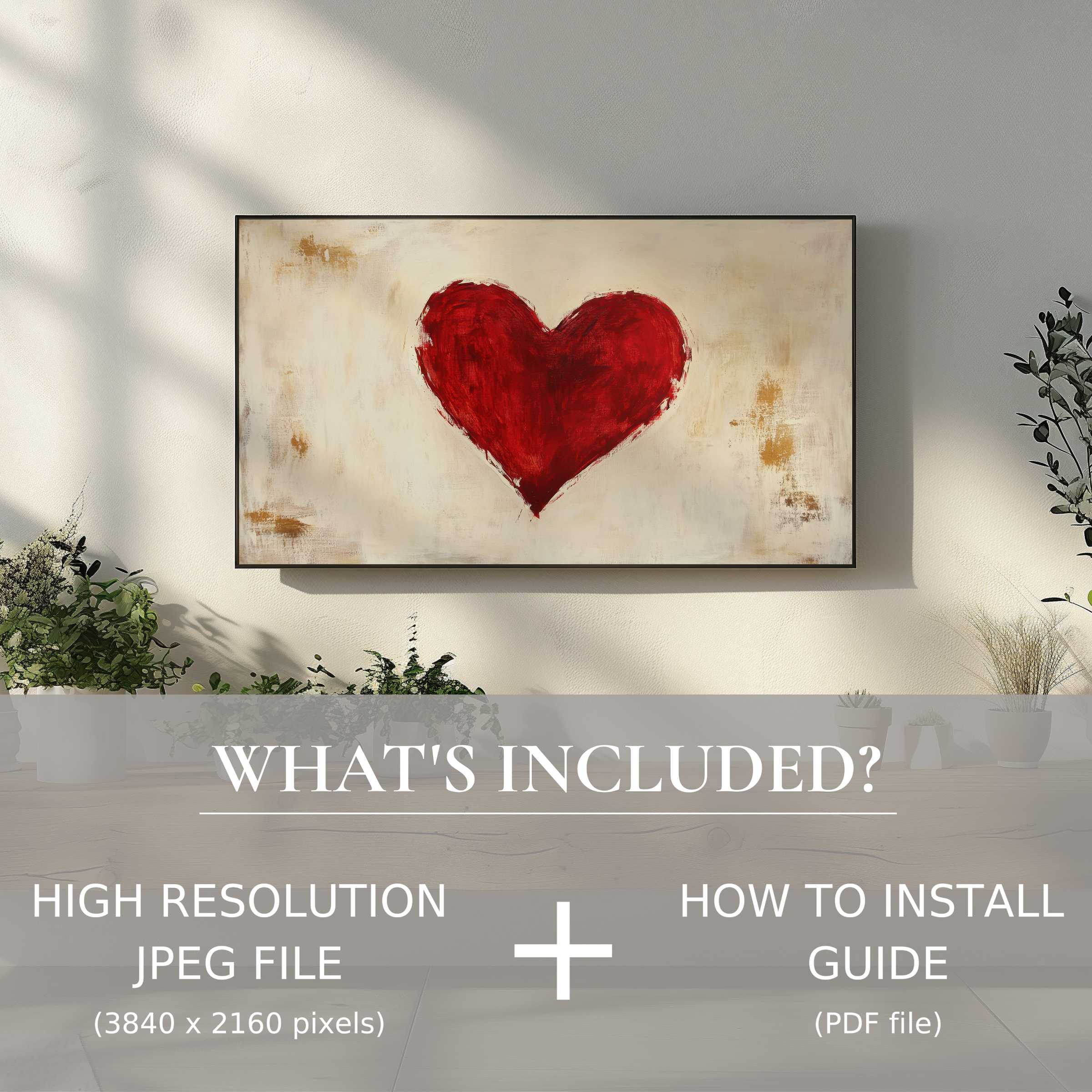 Minimalist digital TV art download with bold red heart enhances living spaces, easily installed for stylish digital décor