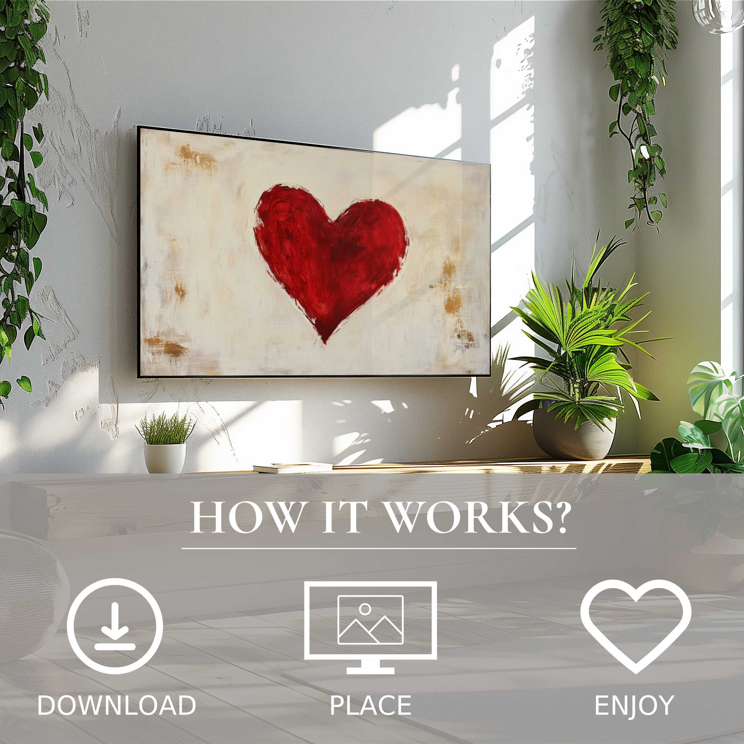 Minimalist art for Samsung TV showing a bold red heart on soft beige, easy digital download enhances modern living spaces