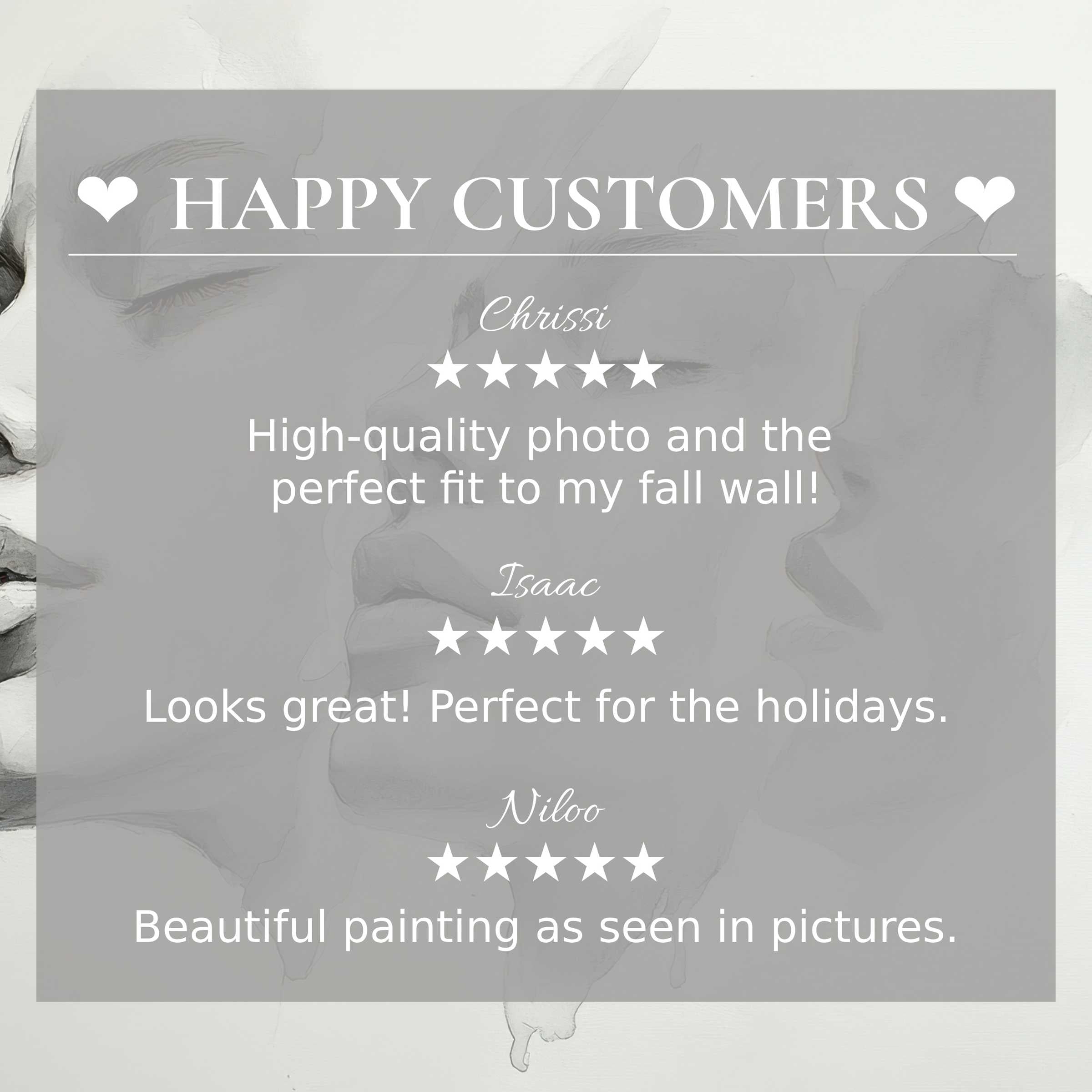 Black and white art for Frame TV with abstract smoky faces, showcasing happy customer reviews and elegant trust