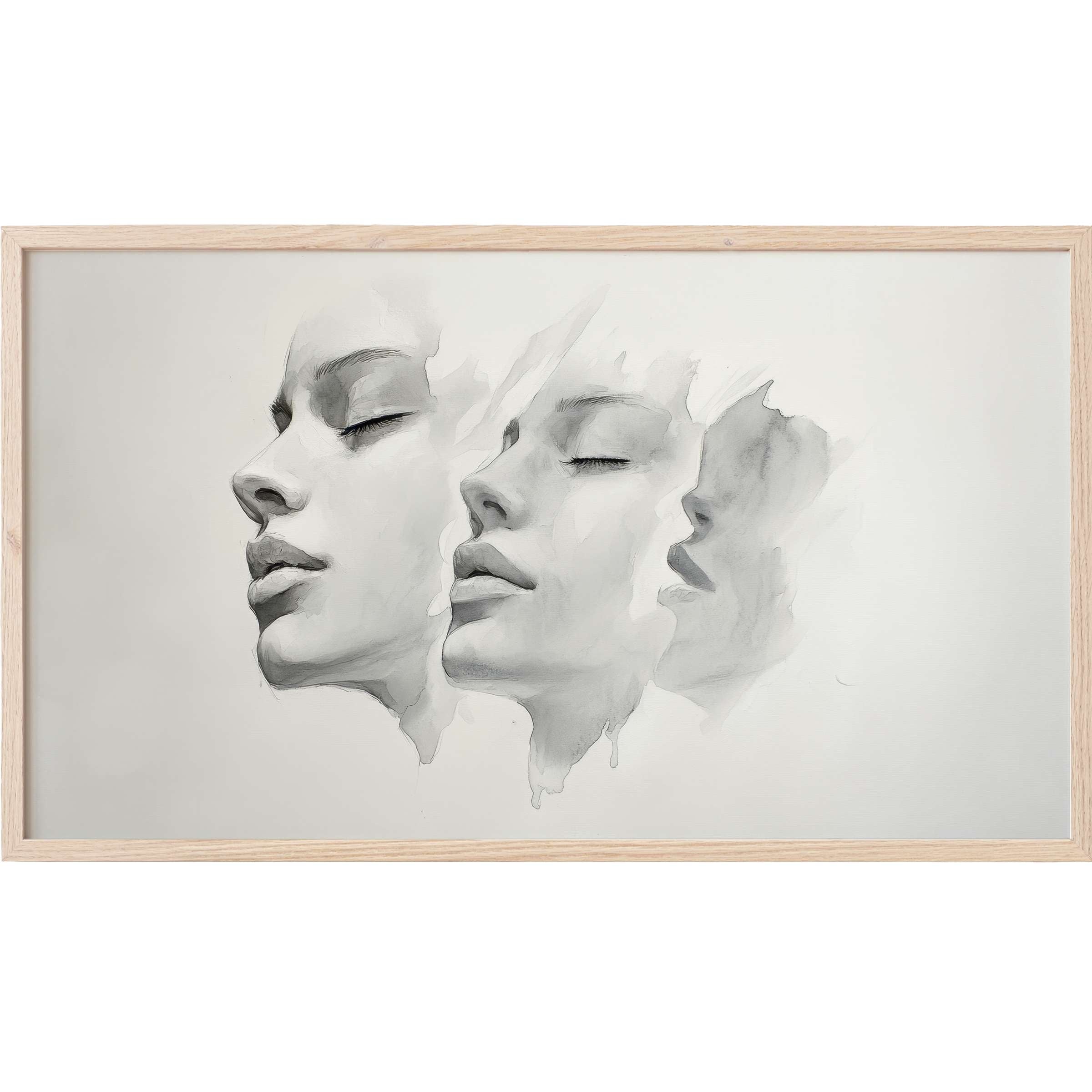 Elegant black and white Frame TV Art featuring three serene female profiles in soft, flowing watercolor style