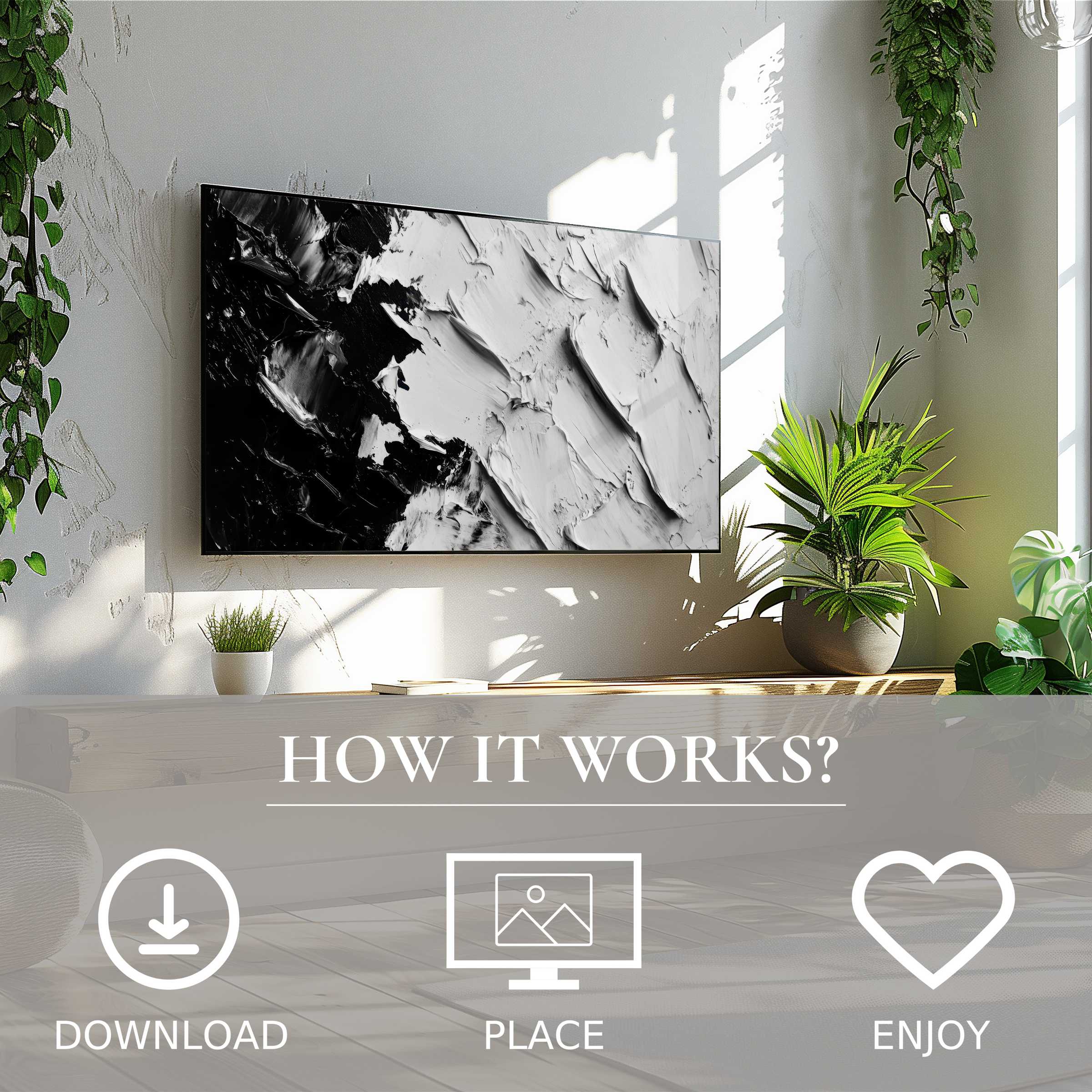 Modern living room with abstract art for Samsung TV in black and white texture Easy digital download enriches space