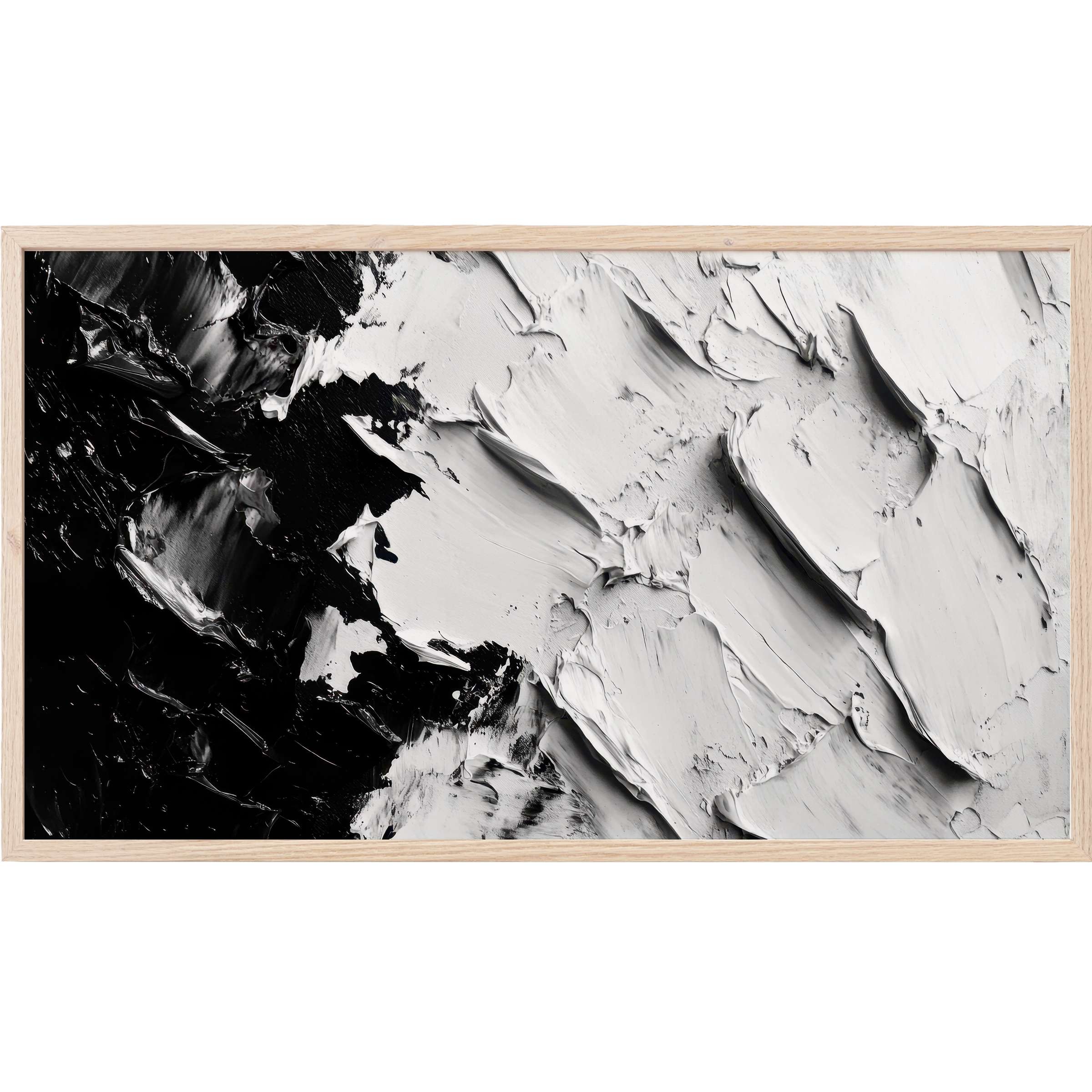 Abstract Frame TV Art with bold black and white textured strokes, creating striking modern contrast and depth