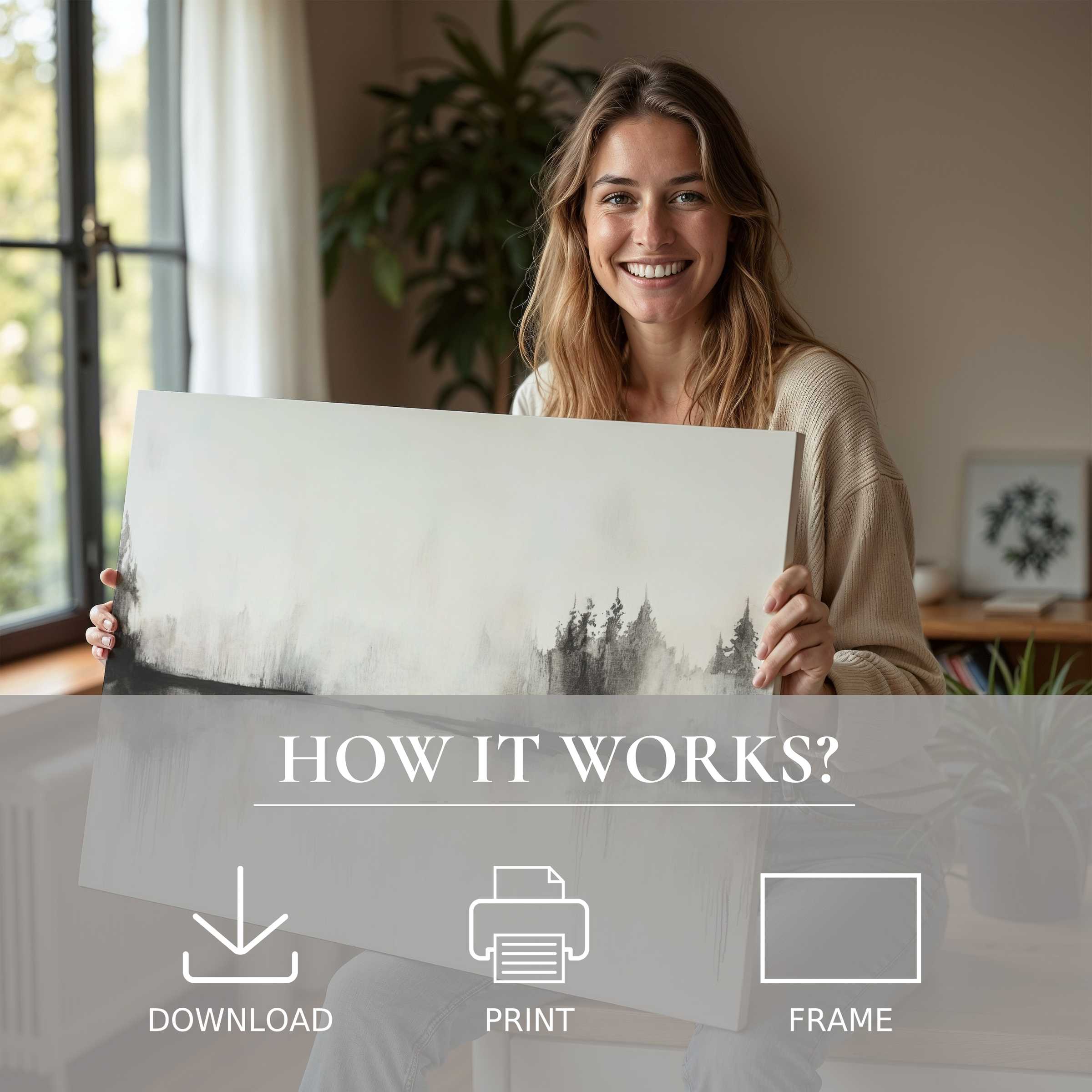 A serene moment of connection and joy as a woman reveals a neutral digital art print, blending effortlessly into her modern home