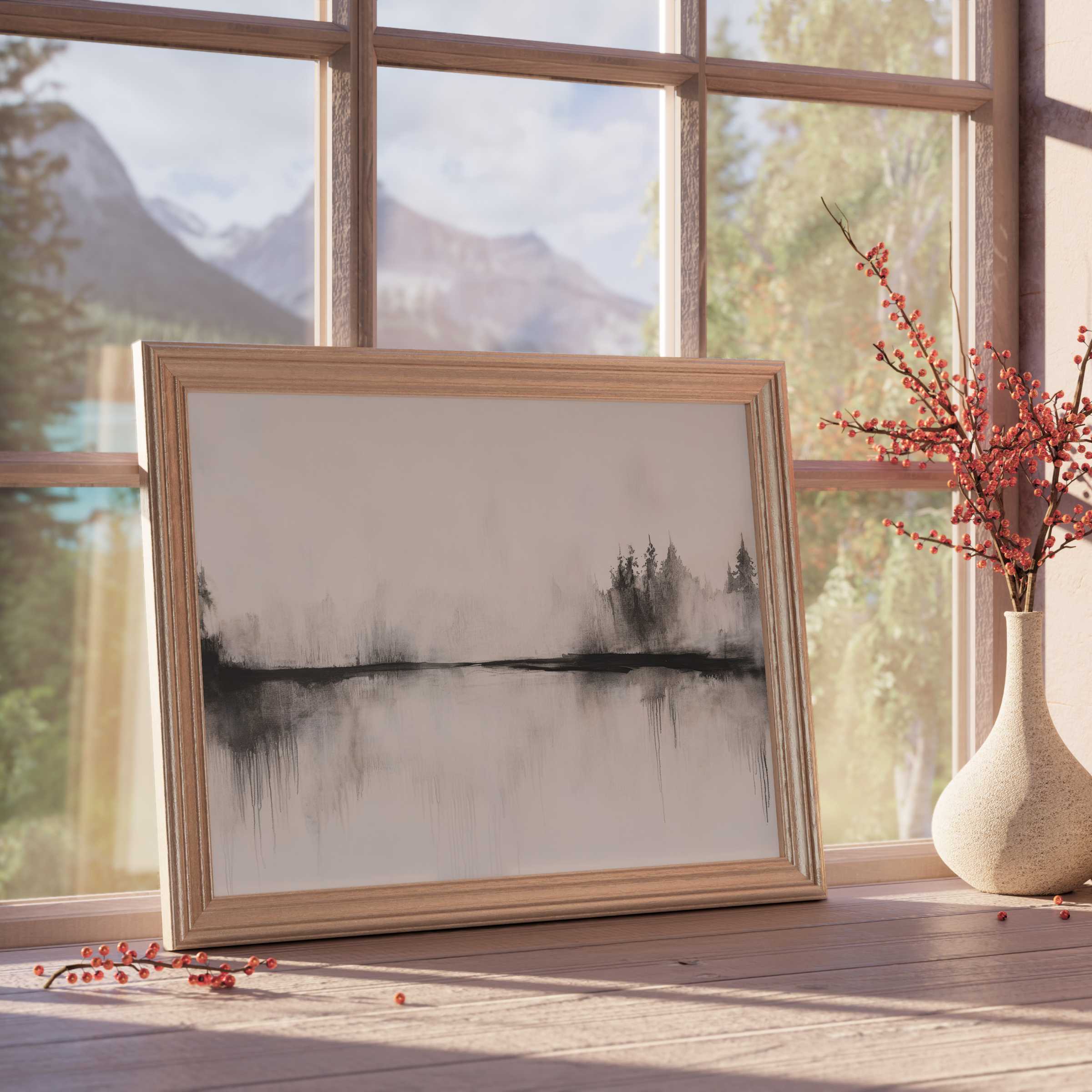Neutral downloadable art capturing serene misty woodland reflections, enhancing tranquil, curated interiors with refined, timeless elegance