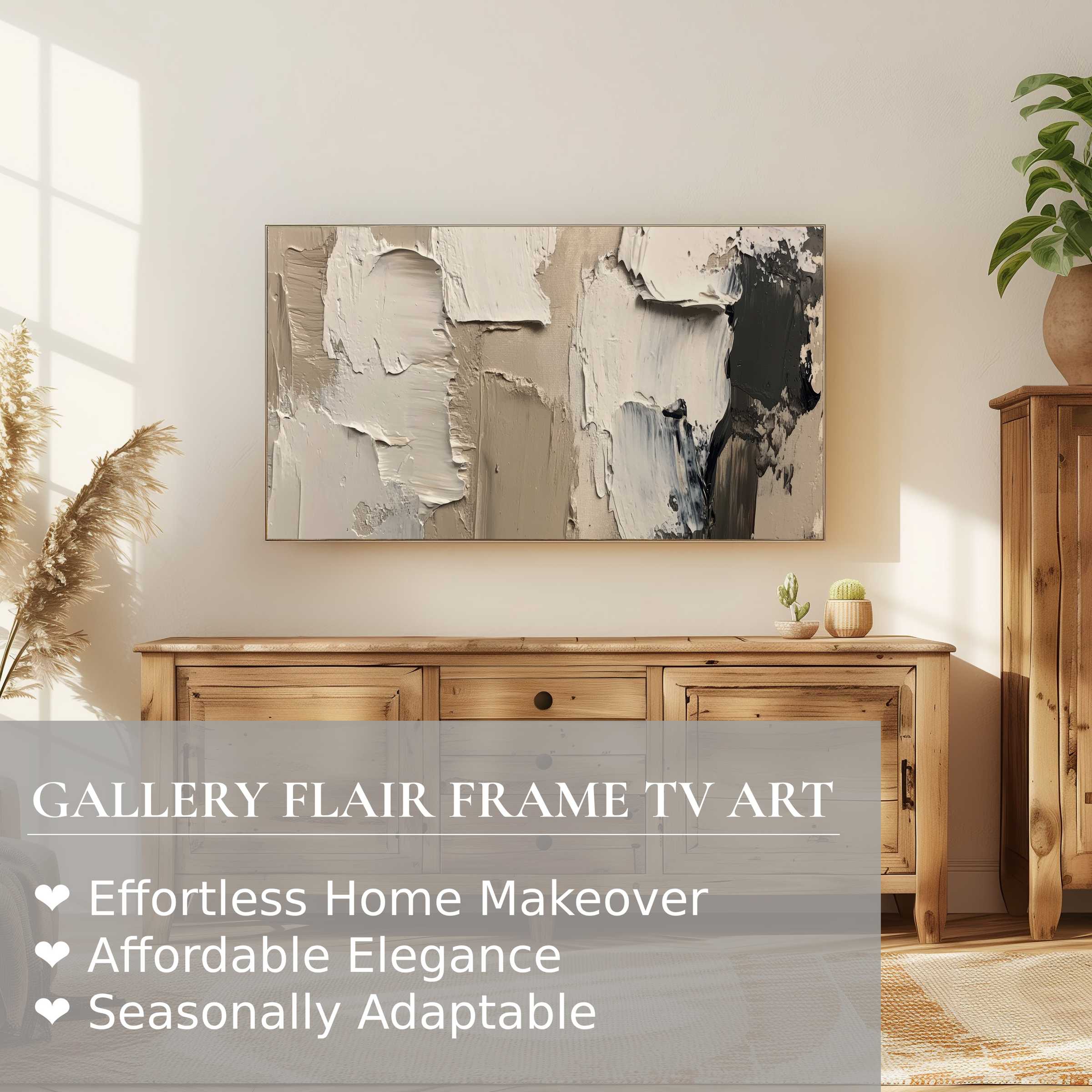 Samsung Frame TV displays modern digital artwork with neutral textures in a stylish, sunlit living space