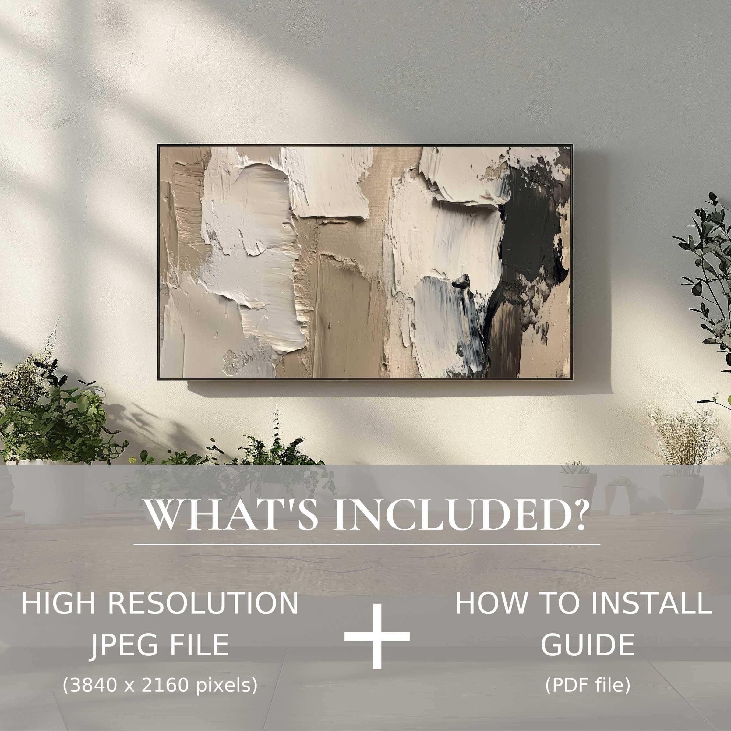 Elegant living space with modern digital TV art download, easy to use and elevates your home’s aesthetic