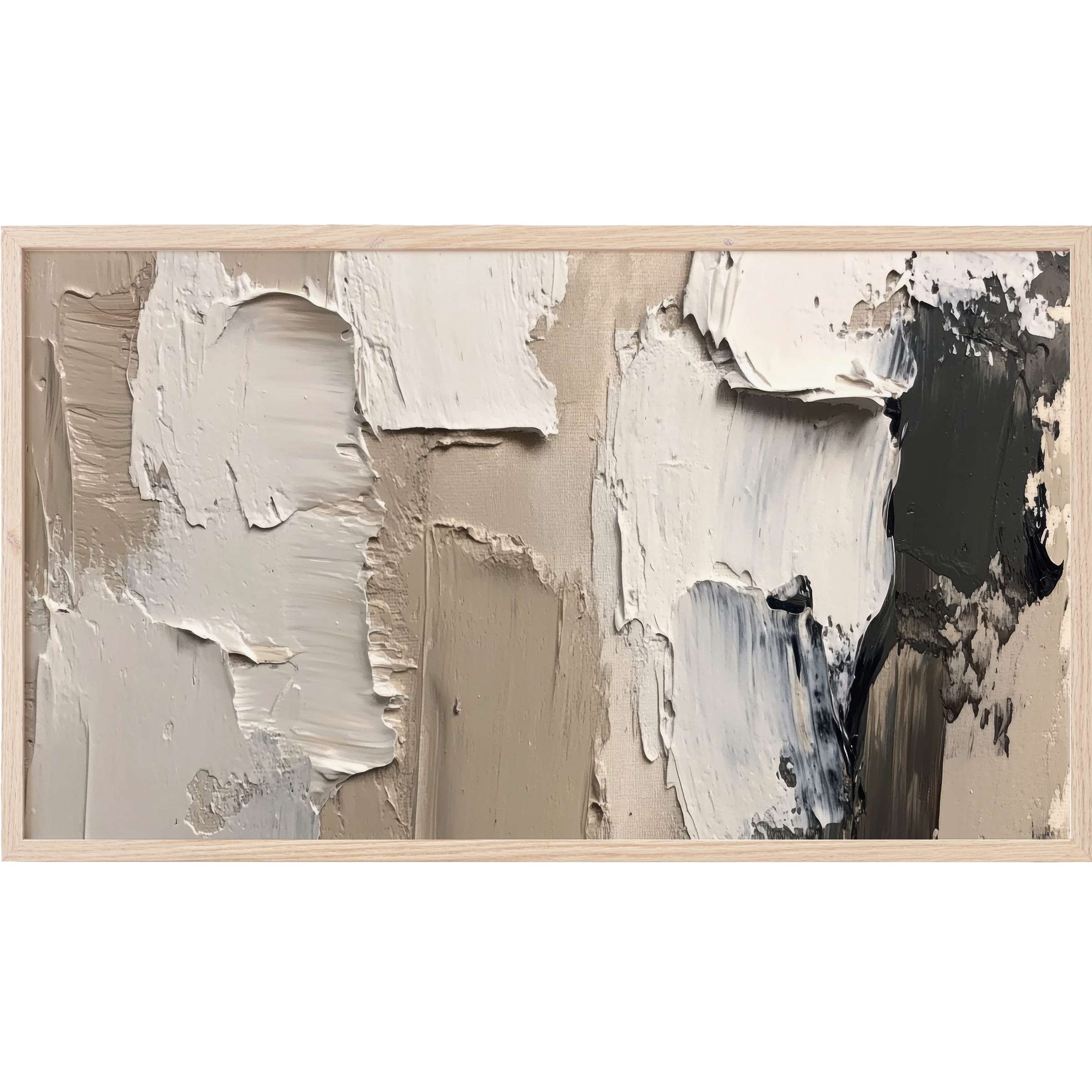 Modern Frame TV Art with textured beige, cream, white, and black abstract strokes in a sleek natural wood frame