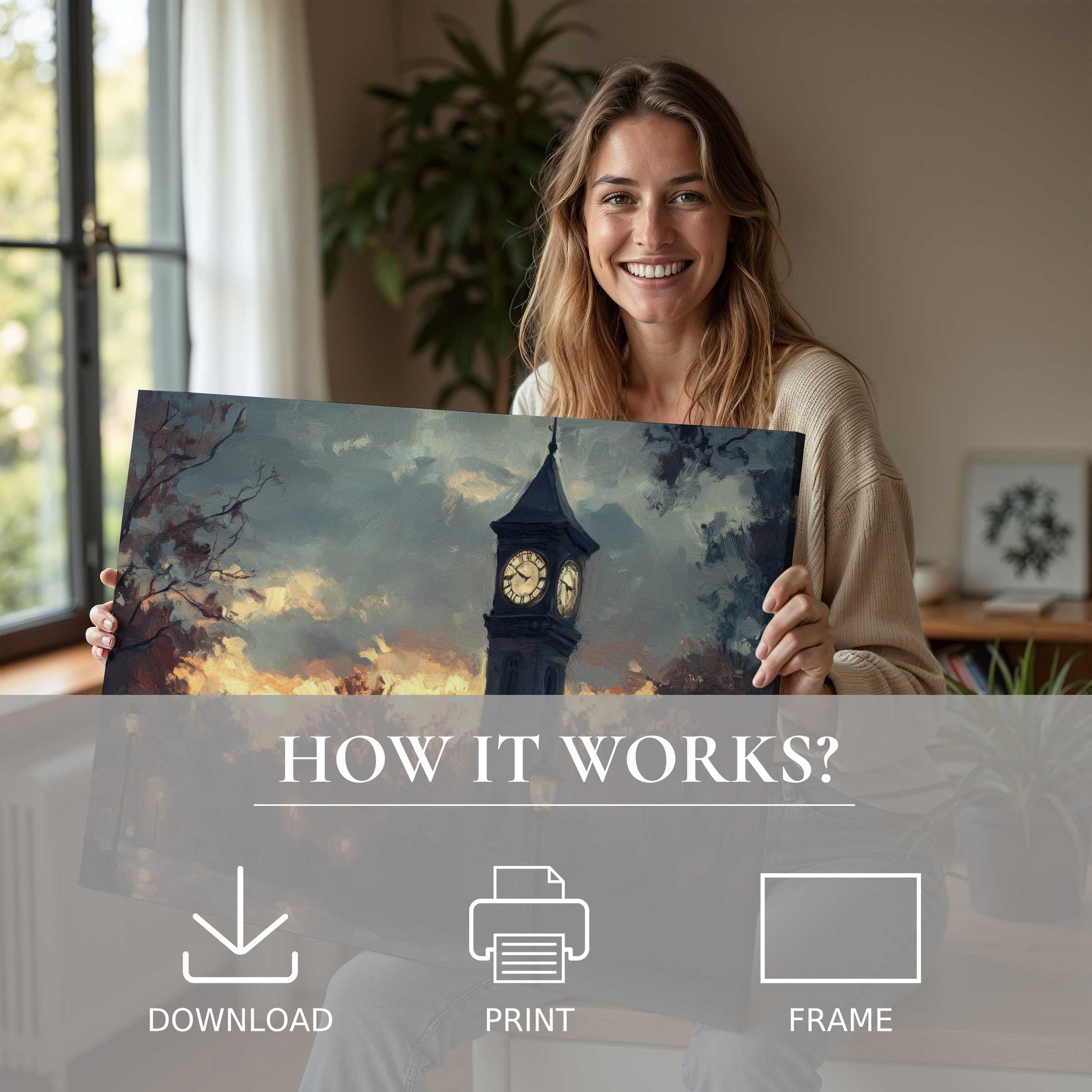 A radiant moment of connection and joy as a woman brings home an urban digital art print, infusing her modern space with timeless beauty and effortless elegance