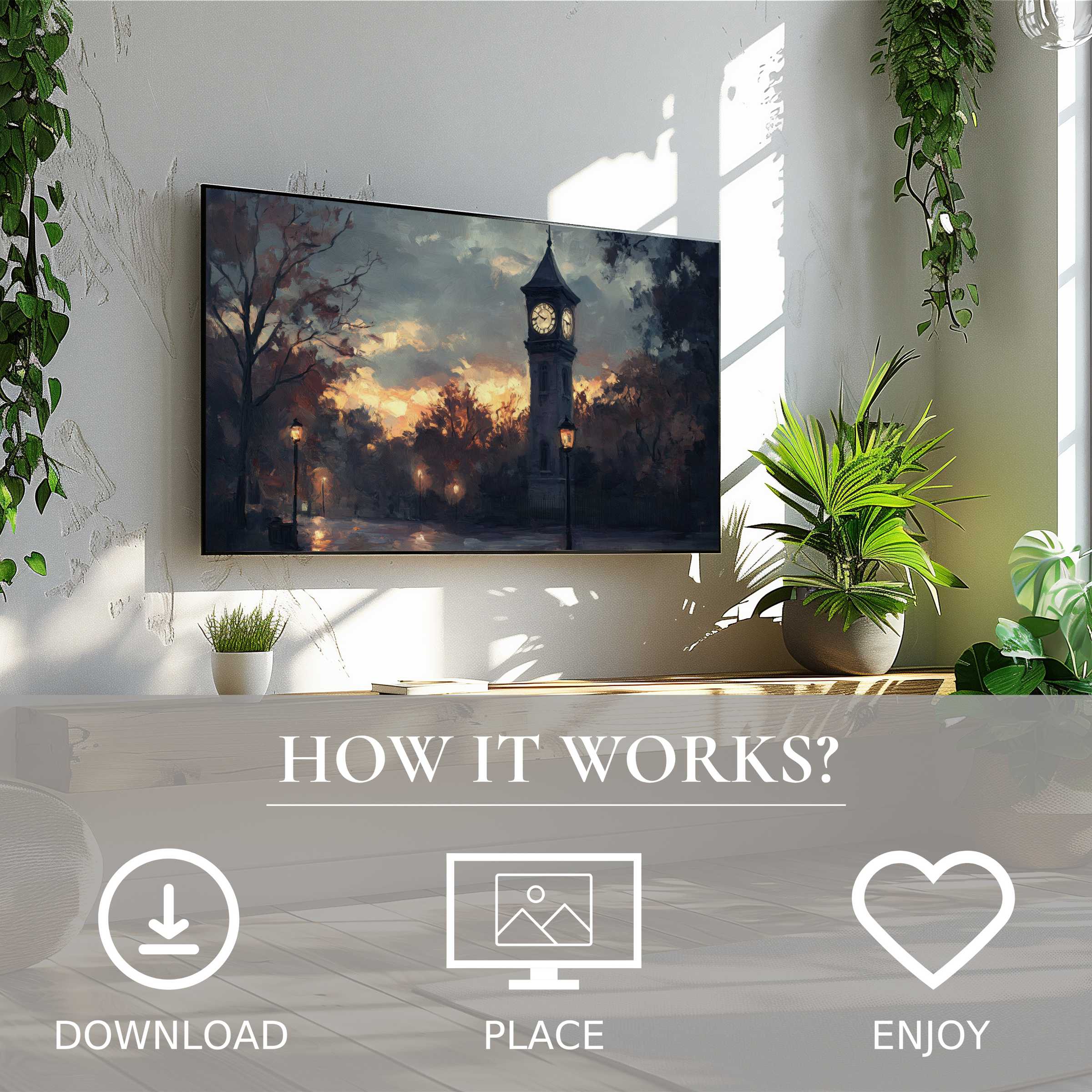 Urban art for Samsung TV showcasing soft sunset tones with clock tower motif, easy digital download enriches your space