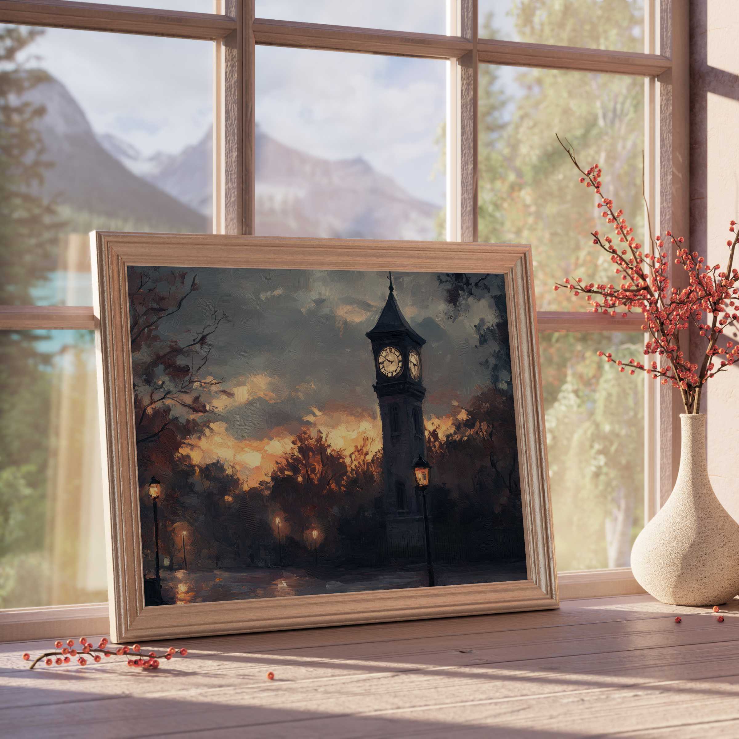 Urban downloadable art of a serene clock tower at dusk, infused with warm lamplight to elevate tranquil, design-forward interiors