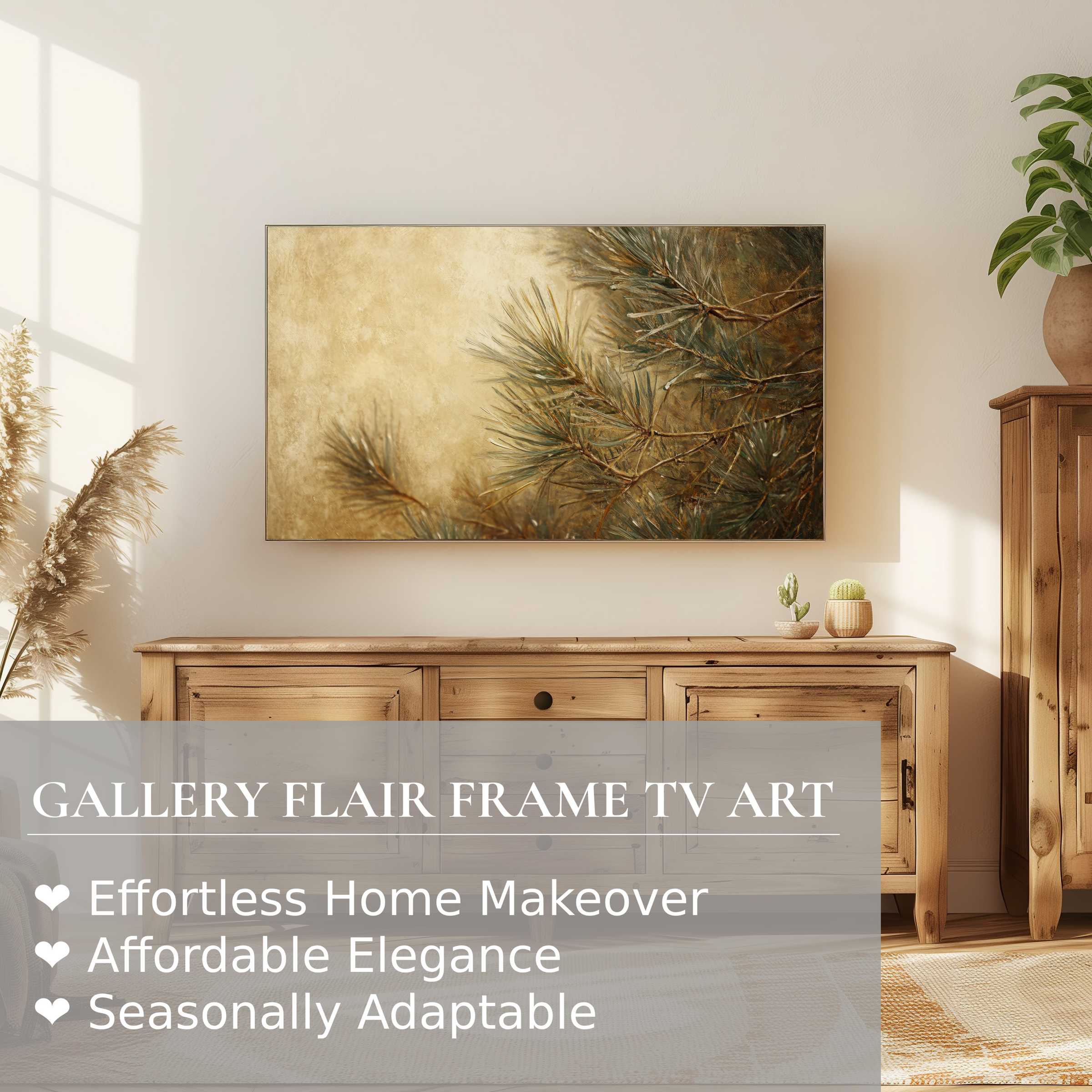 Samsung Frame TV displays warm, textured tree digital artwork in an elegant, modern living space with natural wood accents
