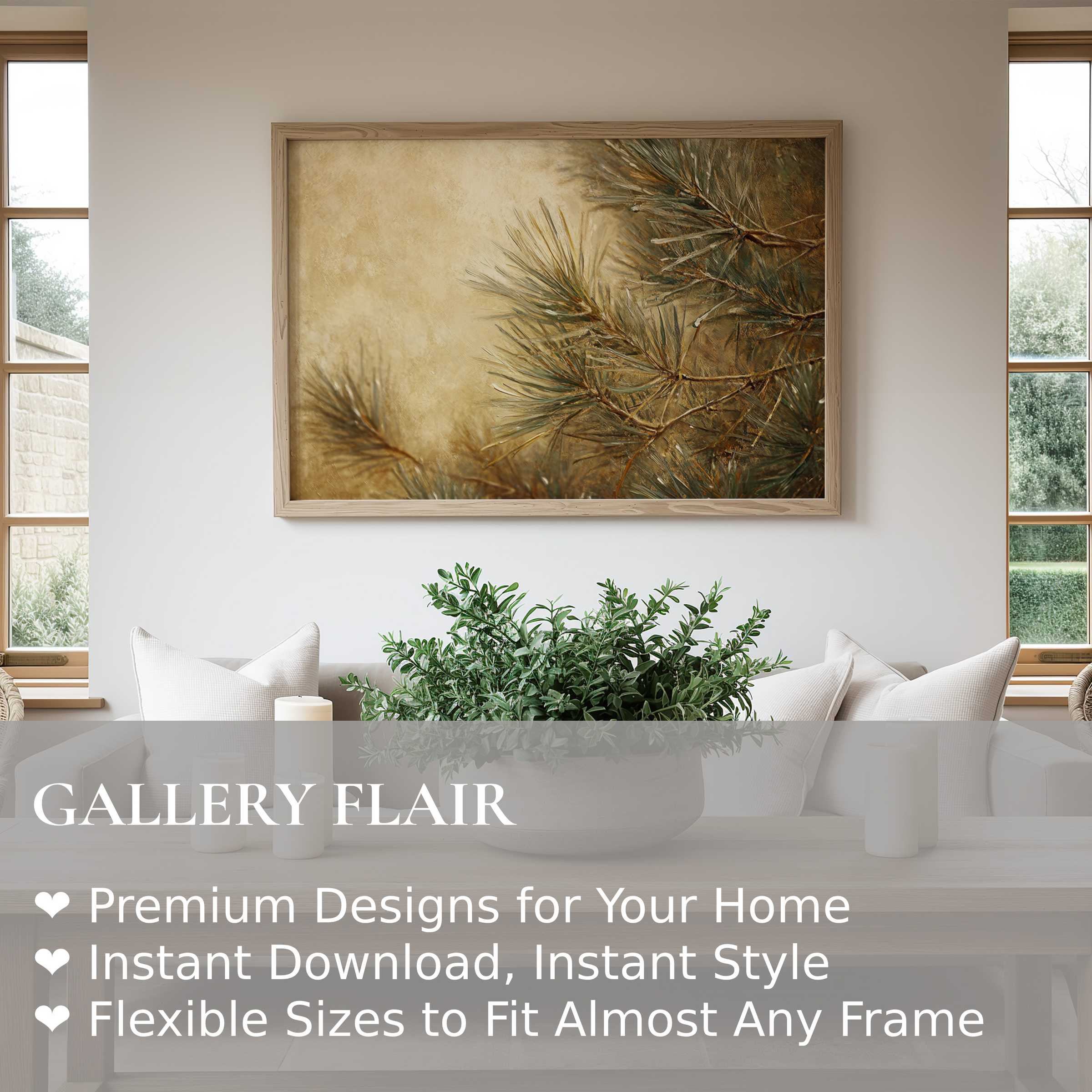 Elegant tree wall art print featuring soft pine branches in muted earth tones, enhancing serene modern interiors with natural warmth