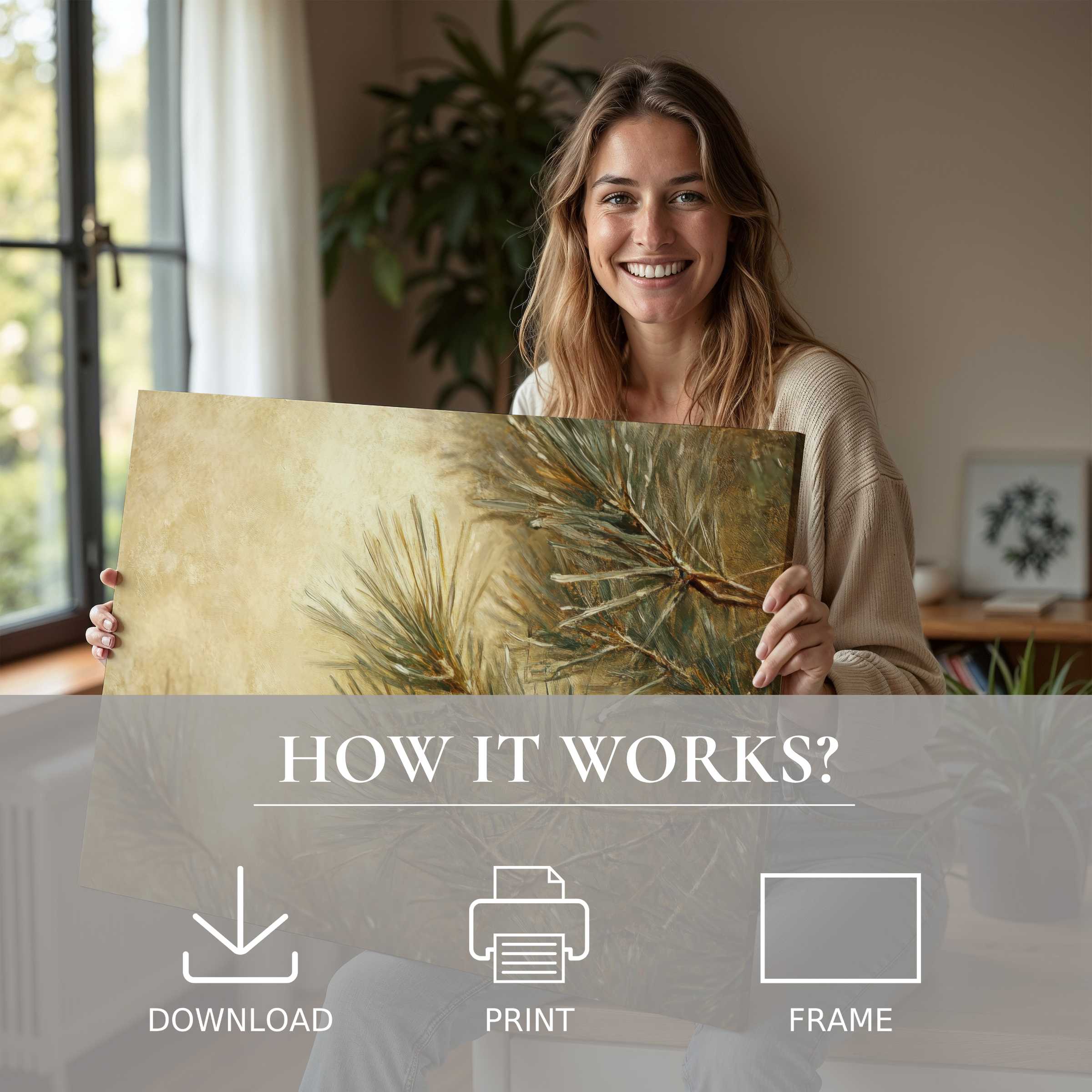 A serene moment of joy as a woman embraces a tree digital art print, enriching her modern home with effortless, elegant warmth