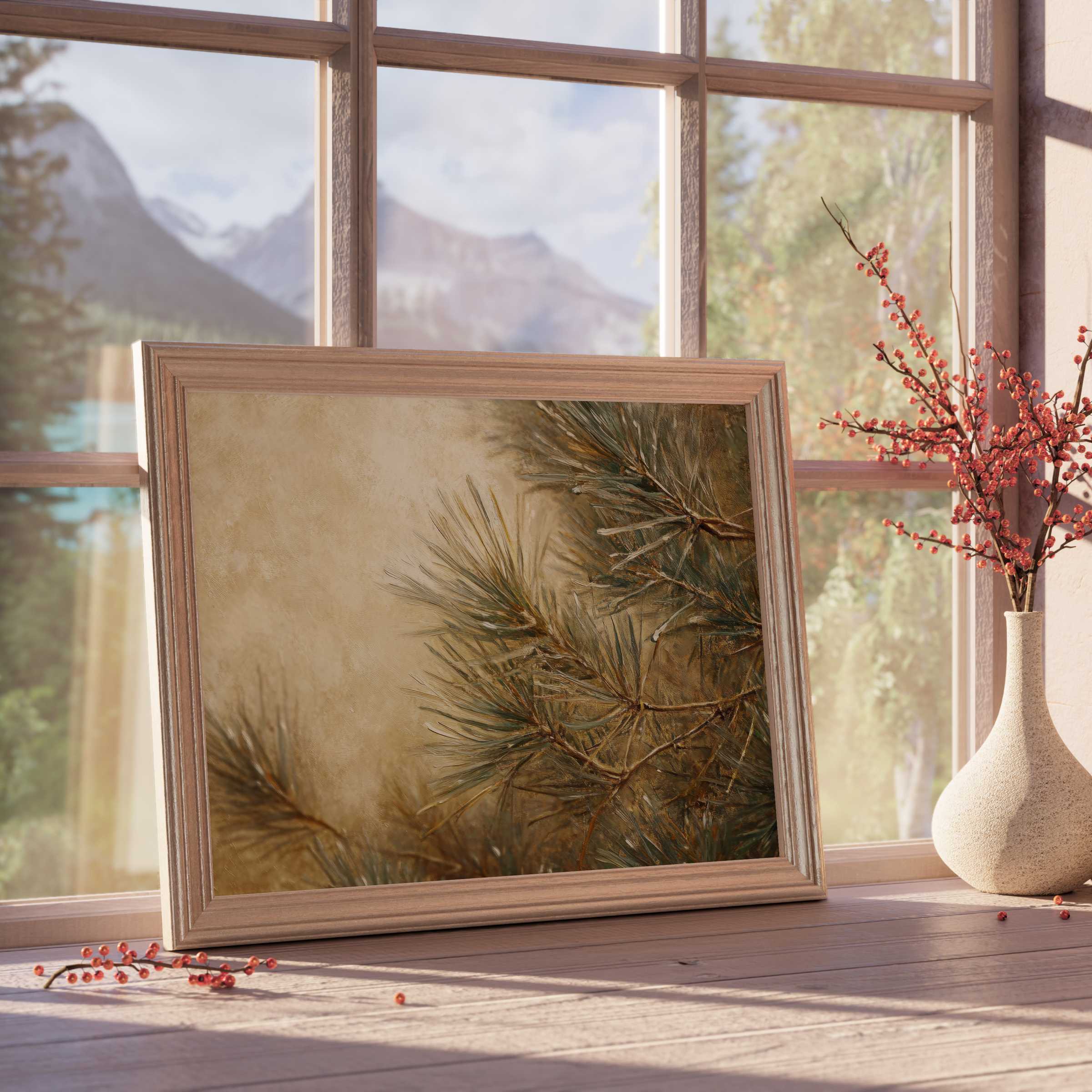 Tree downloadable art capturing tranquil pine branches in warm earth tones, perfect for curated, stylish interiors and modern rustic decor